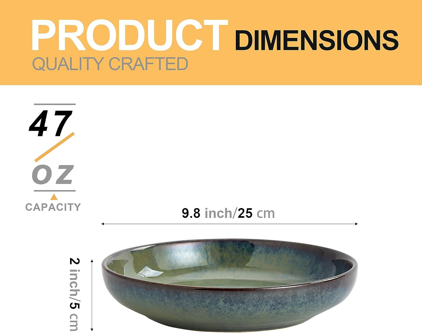 Reactive Glaze Ceramic Serving Pasta Bowl, 10 Inch Large Salad and Mixing Bowl, 50 Ounce Wide Kitchen Bowl for Pasta, Fruit, and Family Meals, Microwave and Dishwasher Safe, Green - PuriLite