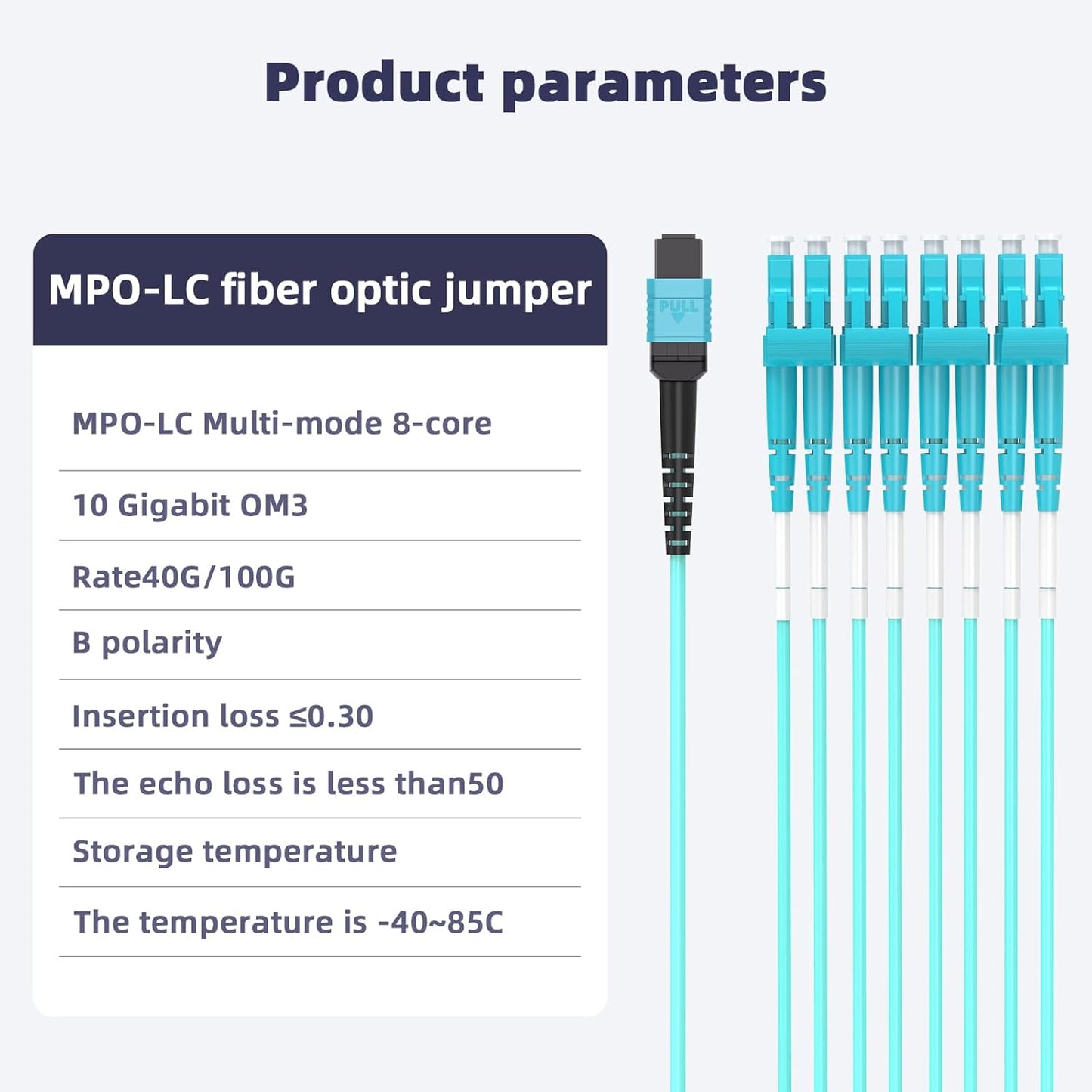 Jeirdus MPO-MPO Patch Cord, OM3 Multimode Fiber, 8-core Fiber for QSFP+ Transceivers, 30-Meter(100ft) 8 Strands