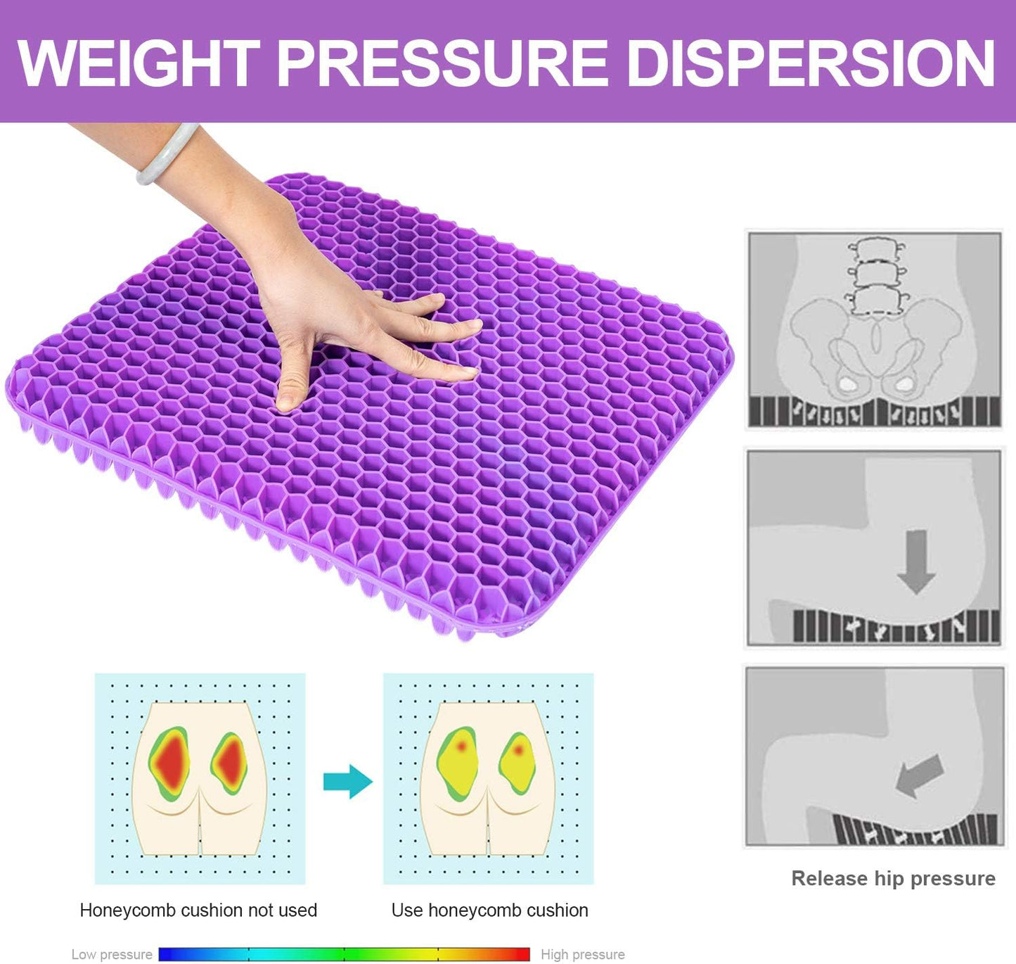 Gel Seat Cushion -for Long Sitting, Double Layer Breathable Honeycomb Chair Cushion with Non-Slip Cover for Help Relieve Pain, for Office Chair, Cars, Long Trips,Durable,Portable