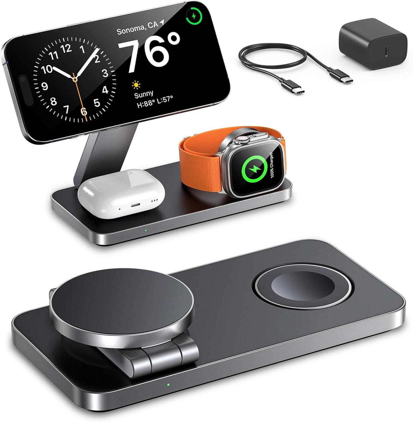 EXW Foldable 3 in 1 Wireless Charging Station for Apple Compatible with Magsafe Charger Stand, Travel Wireless Charger for iPhone 16 15 14 13 12 Series, Airpods, Apple Watch (18W Adapter Included)