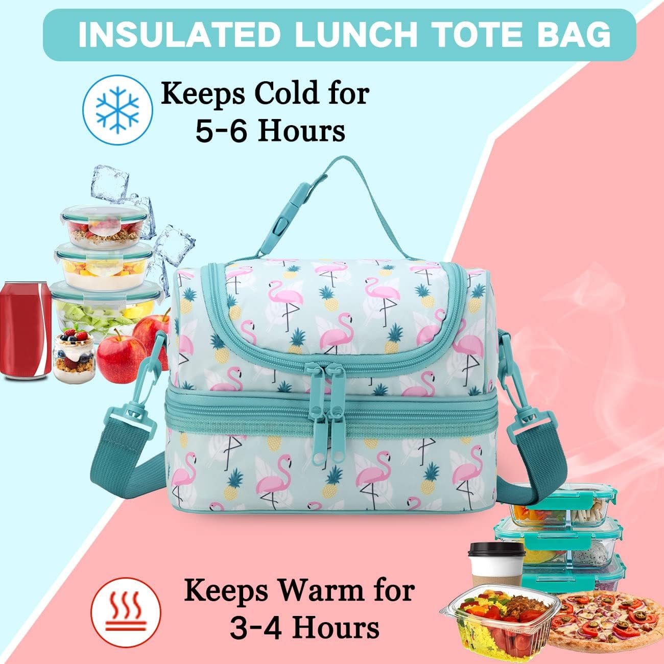 VASCHY Lunch Box Bag Men, Insulated Two Compartments Bento Cooler Bags for Adults/Women/Kids for School,Daycare,Kindergarten,Picnic Black