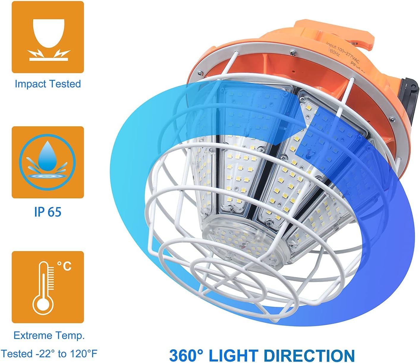 150W High Bay Outdoor Temporary LED Work Light 22500Lm 5000K Daylight White with Stainless Steel Guard and Hook Portable Hanging Lighting for Construction Job Site