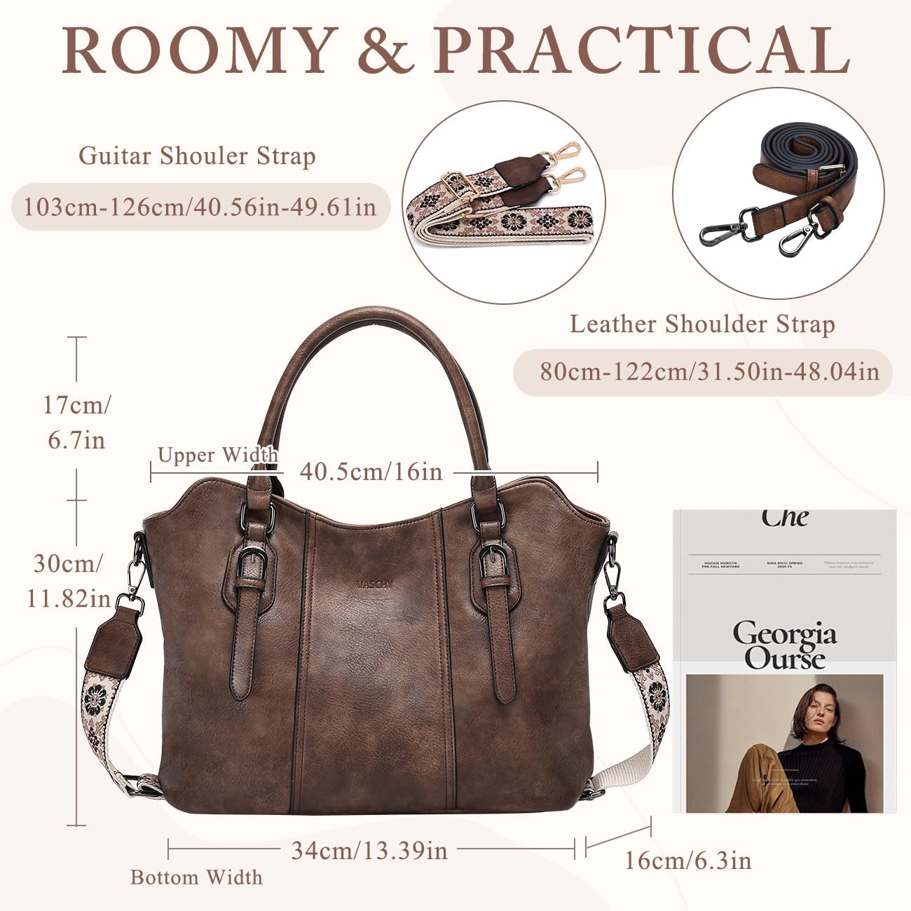 Hobo Bags for Women,VASCHY Vegan Leather Handbag Purse Top Handle Satchel Boho Shoulder Bag with Crossbody Guitar Strap
