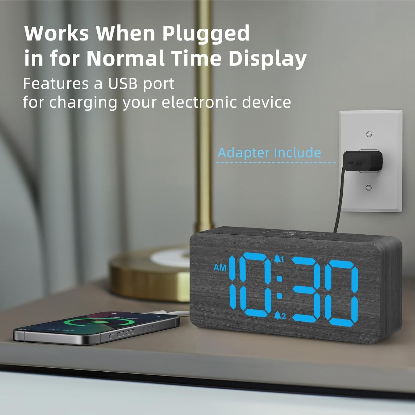 Purilite Select Wooden Digital Alarm Clock with Large LED Display