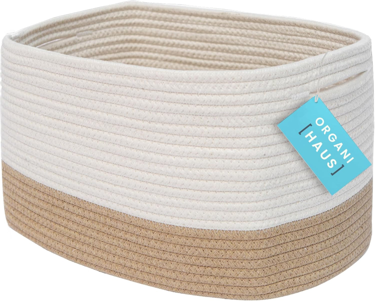 OrganiHaus Soft Woven Baskets for Storage Organization Set of 3, Cotton Rope Nursery Storage Baskets for Shelves, Square Book Bins, Bathroom Towel Hamper, Dog Toy Bins, Panier Rangement - Light Honey