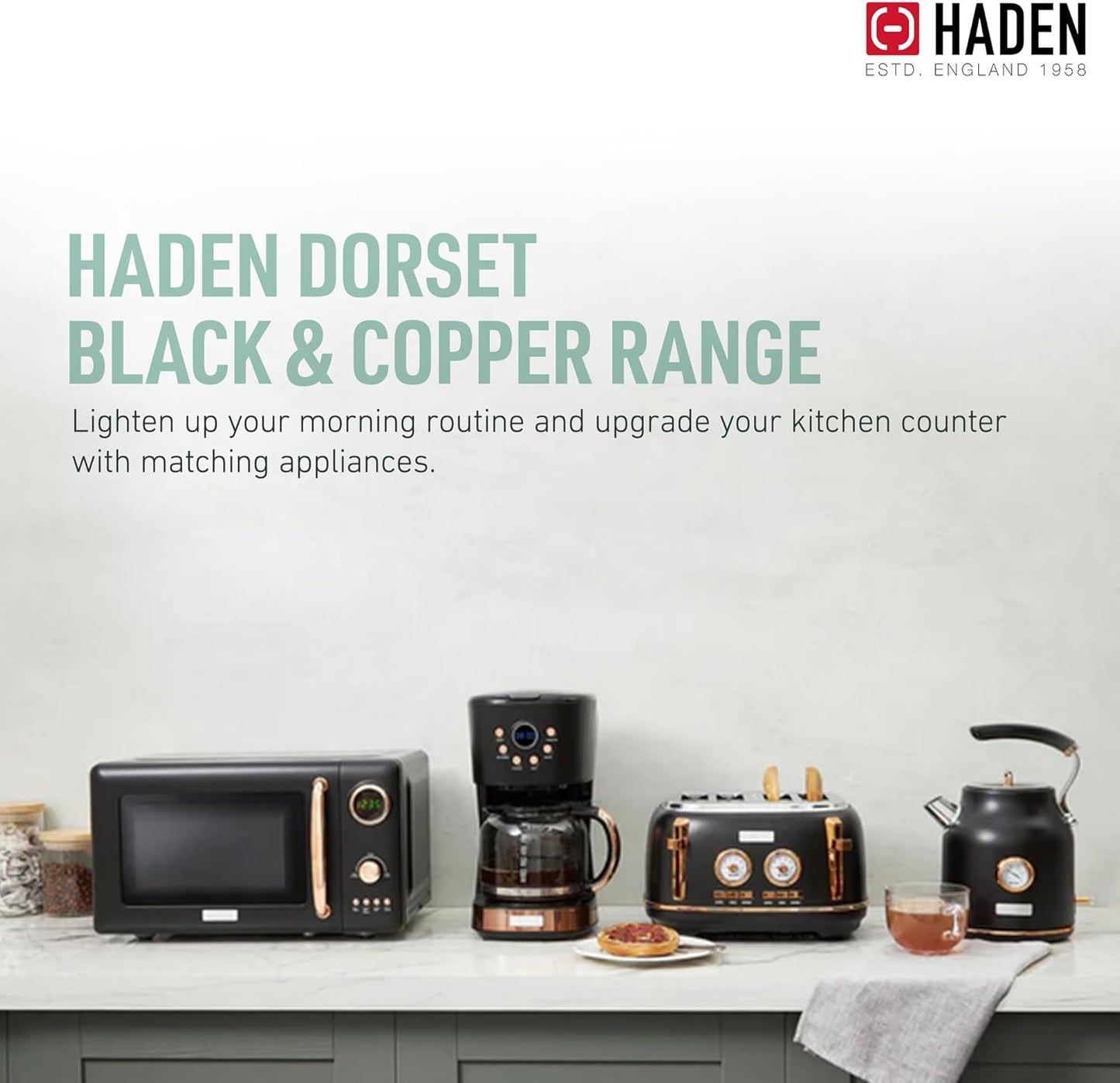 Haden Dorset 75083 Stainless Steel 1500W Retro Toaster 4 Slice Wide Slot w/Removable Crumb Tray and Settings, Black/Copper Toasters w/Adjustable Browning Control, Smart Toaster