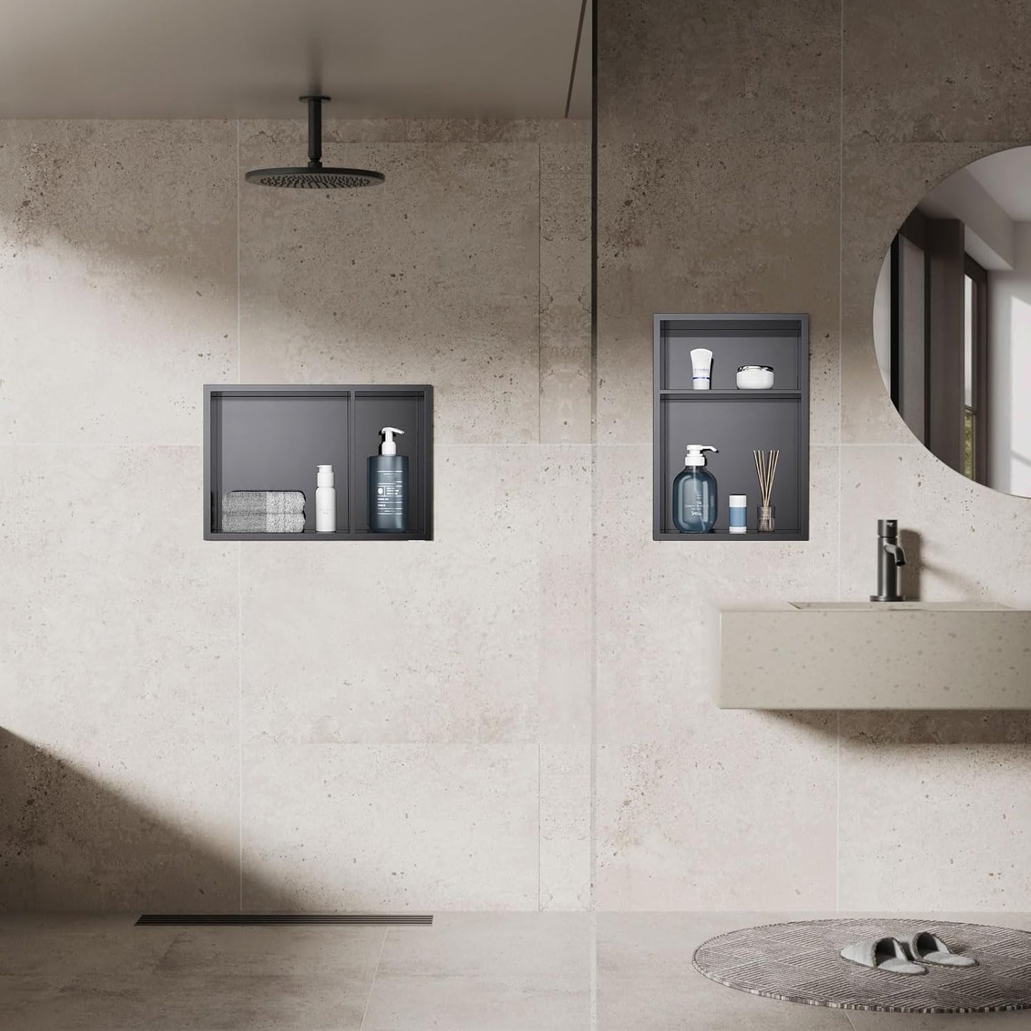 MENATT No Tile Shower Niche, Stainless Steel Wall Niche 13"X19"(Inner Size 12"X18"), Two-Tier Bathroom Shelf, NO Tile Needed Recessed Niche Shower for Bathroom Storage, Black