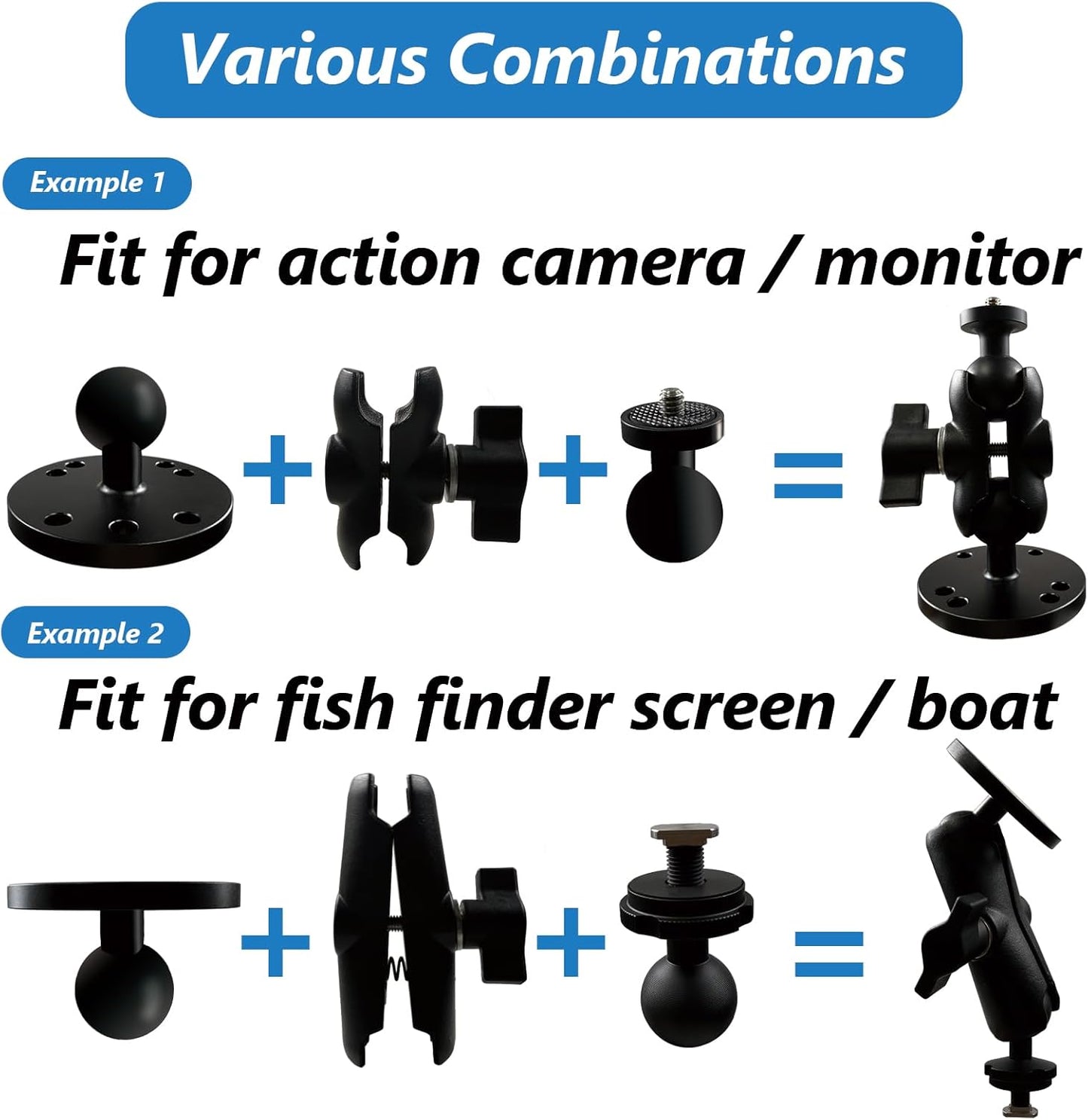 Fish Finder Mount, Aluminum Arm Extension, T-Bolt Attachment for Track Systems, B Size Ball Mount Compatible with RAM, Double AMPS Round Plate for GPS/Boats/Industry