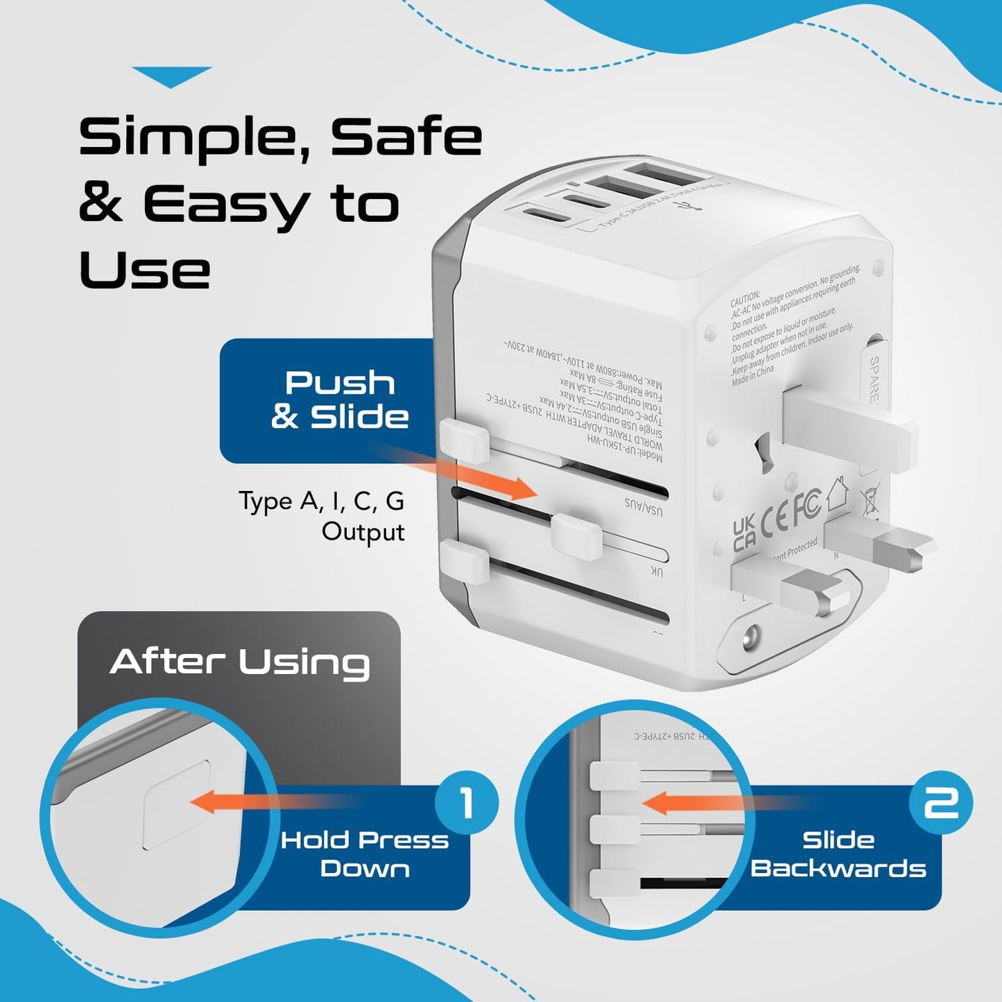 Ceptics Universal Travel Adapter kit, Dual USB (QC 3.0) + 2 US outlets + USB-C Cable, Use with Chargers, Cell Phones, Laptops, 6 Plug attachments for Worldwide use (Does Not Convert Voltage) (WPS-2B)