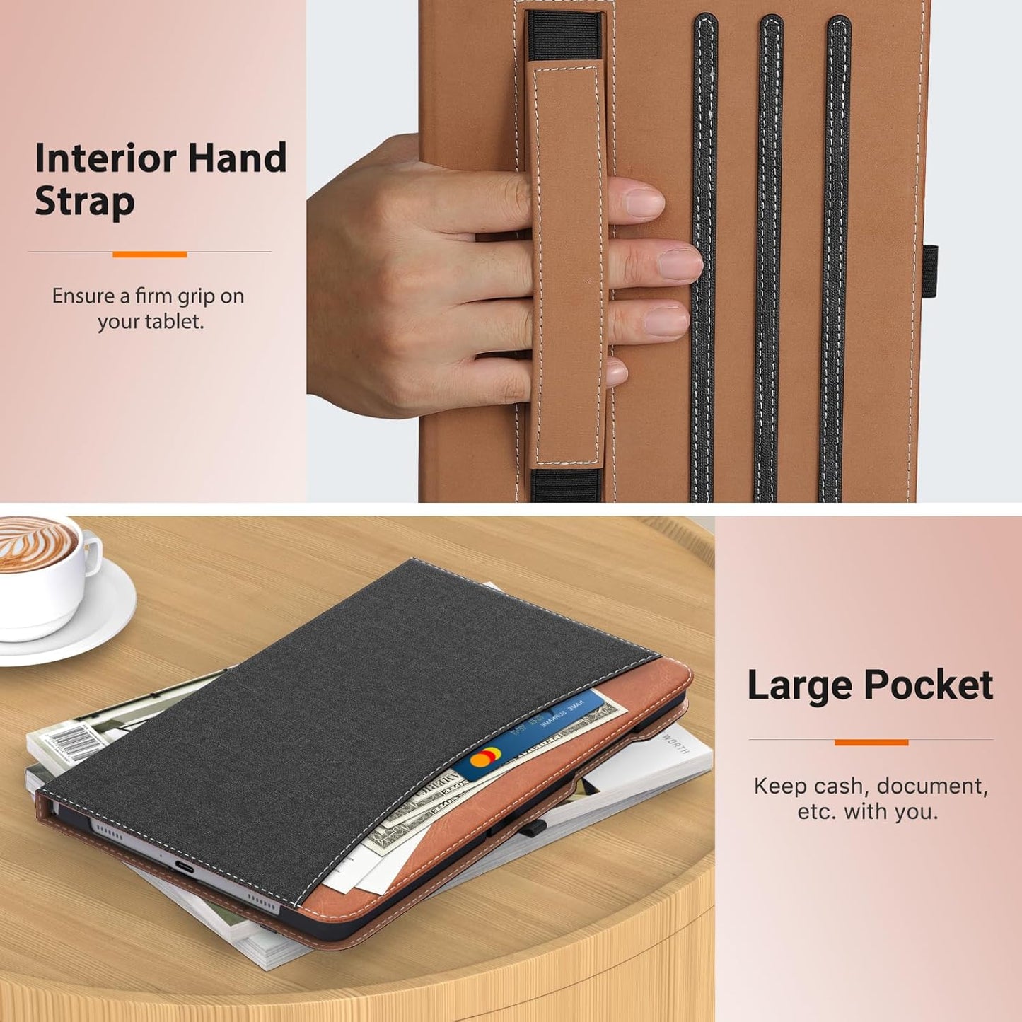 MoKo Case for Samsung Galaxy Tab A9 Plus 11" 2023 (SM-X210/SM-X216/SM-X218), PU Leather Multi-Angle Viewing Folding Stand Cover Case with Hand Strap, Front Pocket, Auto Wake/Sleep, Denim Blue & Brown