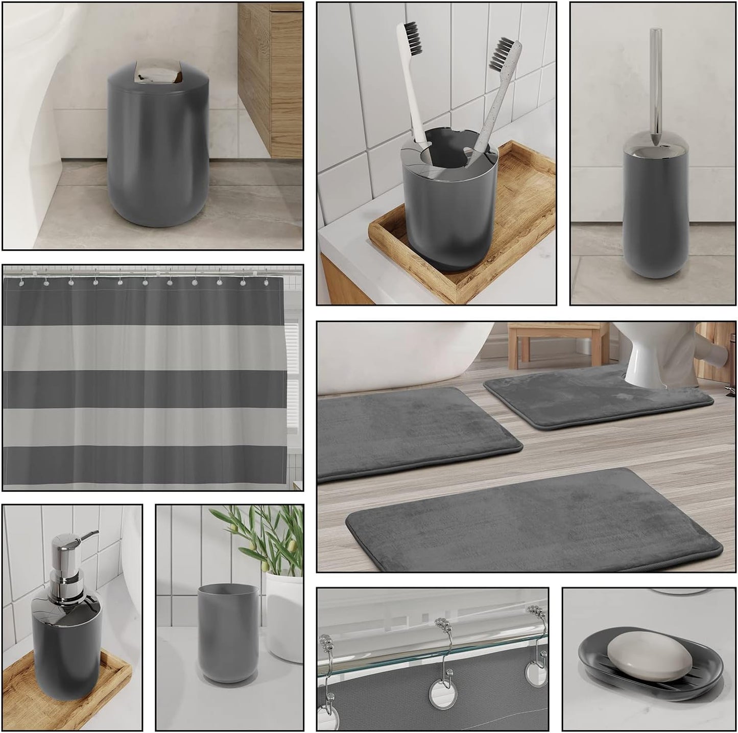 Clara Clark Bathroom Set - Gray Bathroom Accessories Set, Bathroom Sets with Shower Curtain and Rugs, 23PC Shower Curtain Set with Liner, Soap Dispenser, Soap Dish, Toilet Brush Holder, and Trash Can