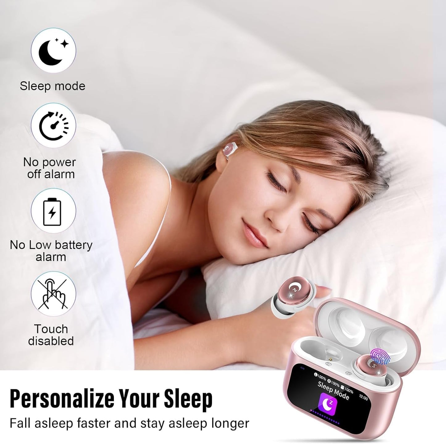 VEKJ Sleep Earbuds, Bluetooth 5.4 Mini Wireless Ear Euds with Multifunctional Touch Screen, 48H Bass Stereo Headphones with Sleep Mode/5 EQ Modes/ENC Noise Cancelling, IPX7 Earphones for iOS Android