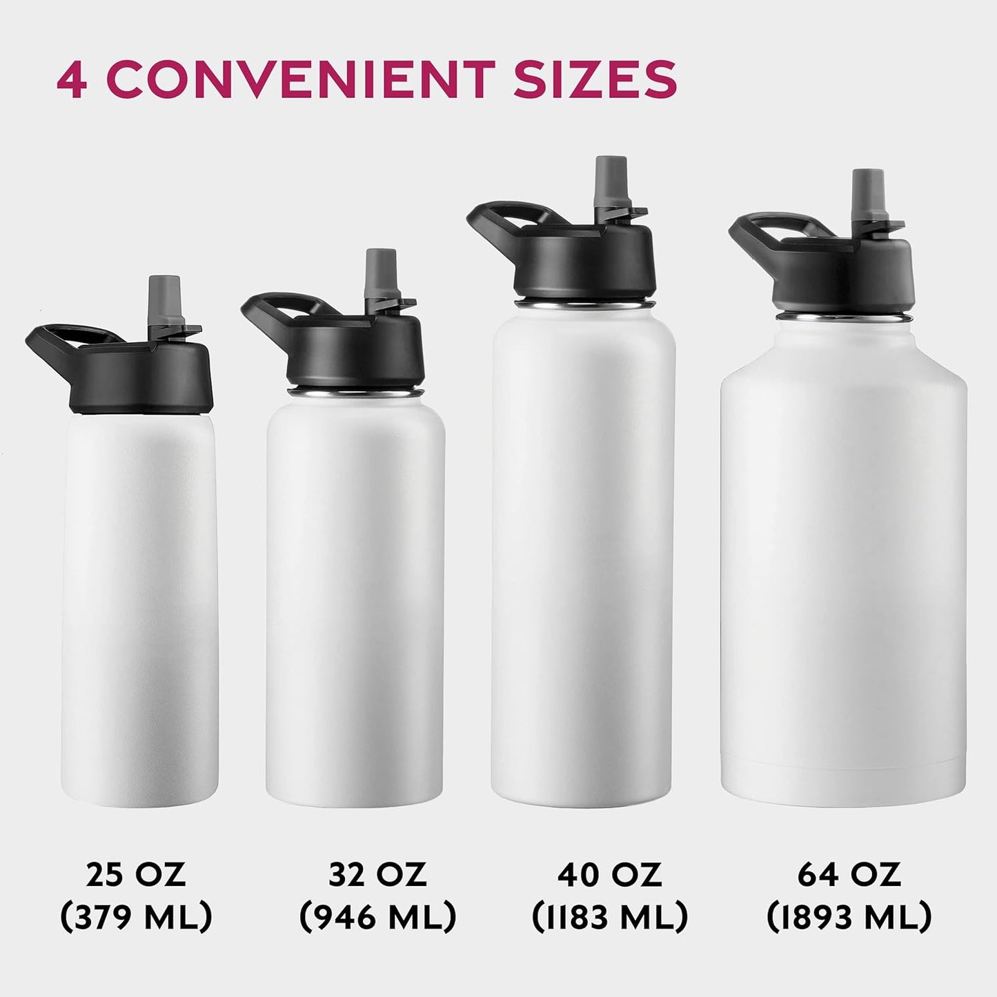 FineDine Water Bottle - Stainless Steel Insulated Water Bottle with Straw Lid, Flip Lid & Wide-Mouth Cap - Keeps Hot and Cold - 25 Oz / 739ml - Pure Pearly White