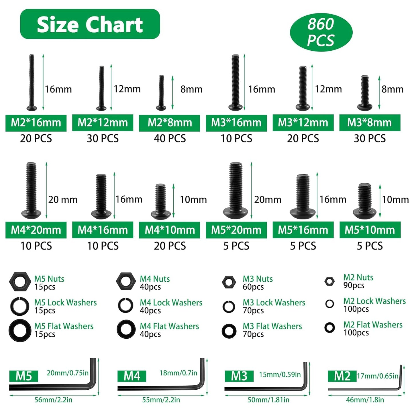 860PCS Metric Screw Assortment Kit, M2 M3 M4 M5 Machine Screws with Lock & Flat Washers, 10.9 Grade Alloy Steel, Metric Hex Button Head Cap Nuts and Bolts Assortment Kit with 4 Wrenches
