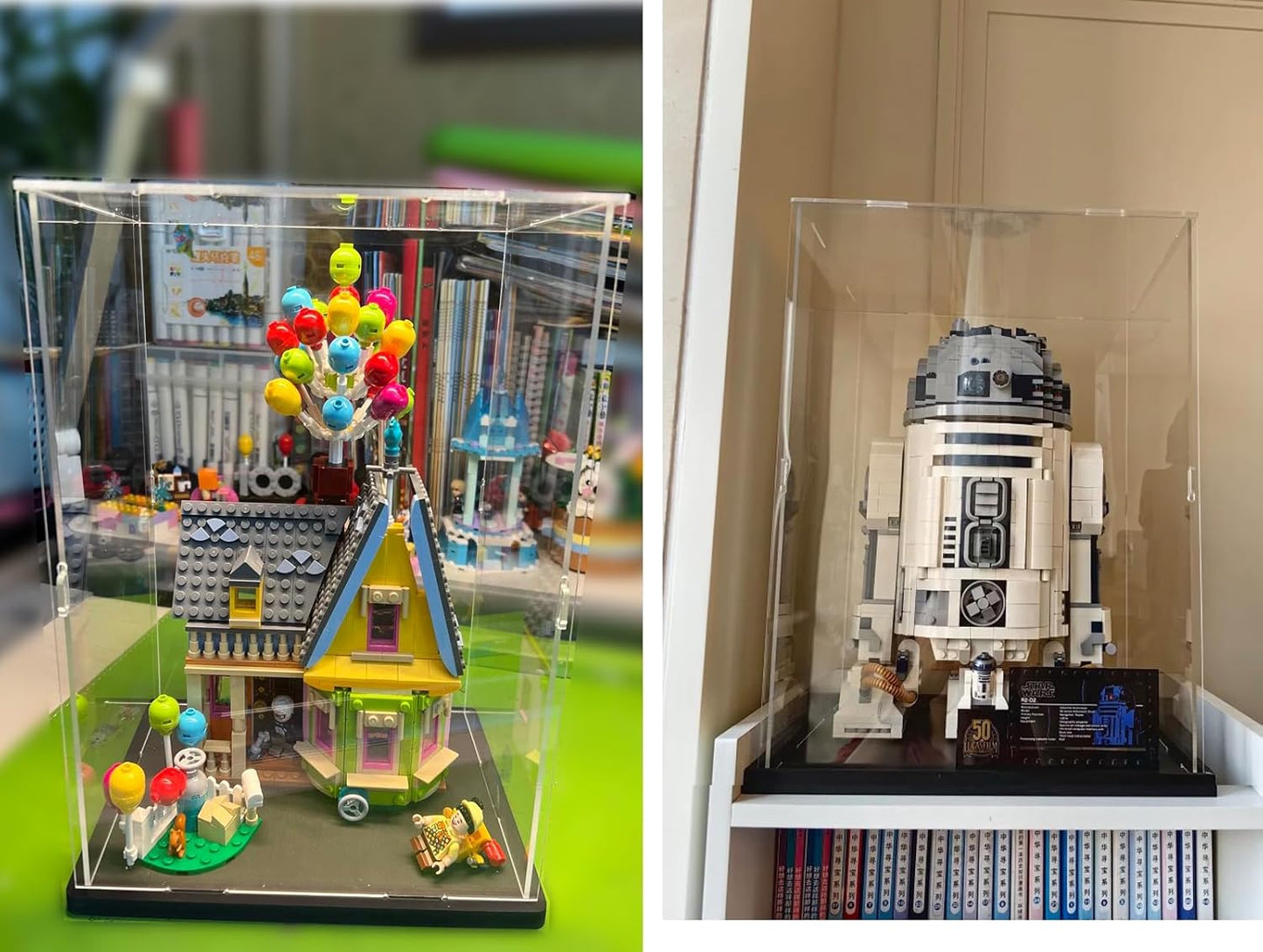 Thickened Clear Acrylic Display Case for Lego 10330 43268 76450 42170 10295 10353 Collectibles, Transparent Box Dustproof Protection with Wood-Plastic Base & String Light, Black Inside 40x20x20cm