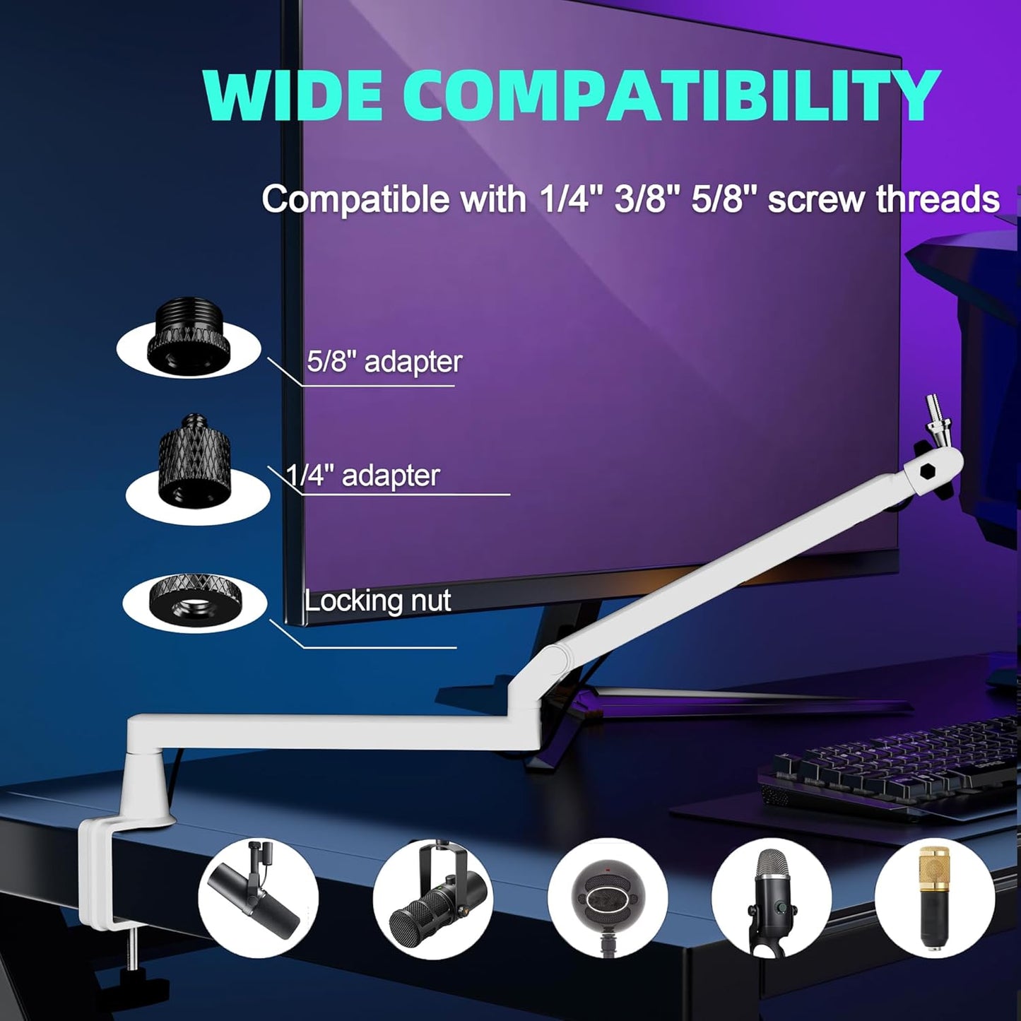 Microphone Boom Arm, Low Profile Mic Arm Professional Adjustable Solid Desk Mount Clamp,Cable Management Microphone Arm Stand for Podcast Streaming Gaming Studio Mic Stand White
