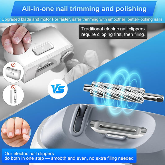Electric Nail Clippers Automatic Nail Trimmers with Dual Blade Heads, LED Light, Nail Care Tool, Cutter & Grinder for Fingernails, Safe for Babies, Kids, Adults, Seniors, Weak Hands - PuriLite