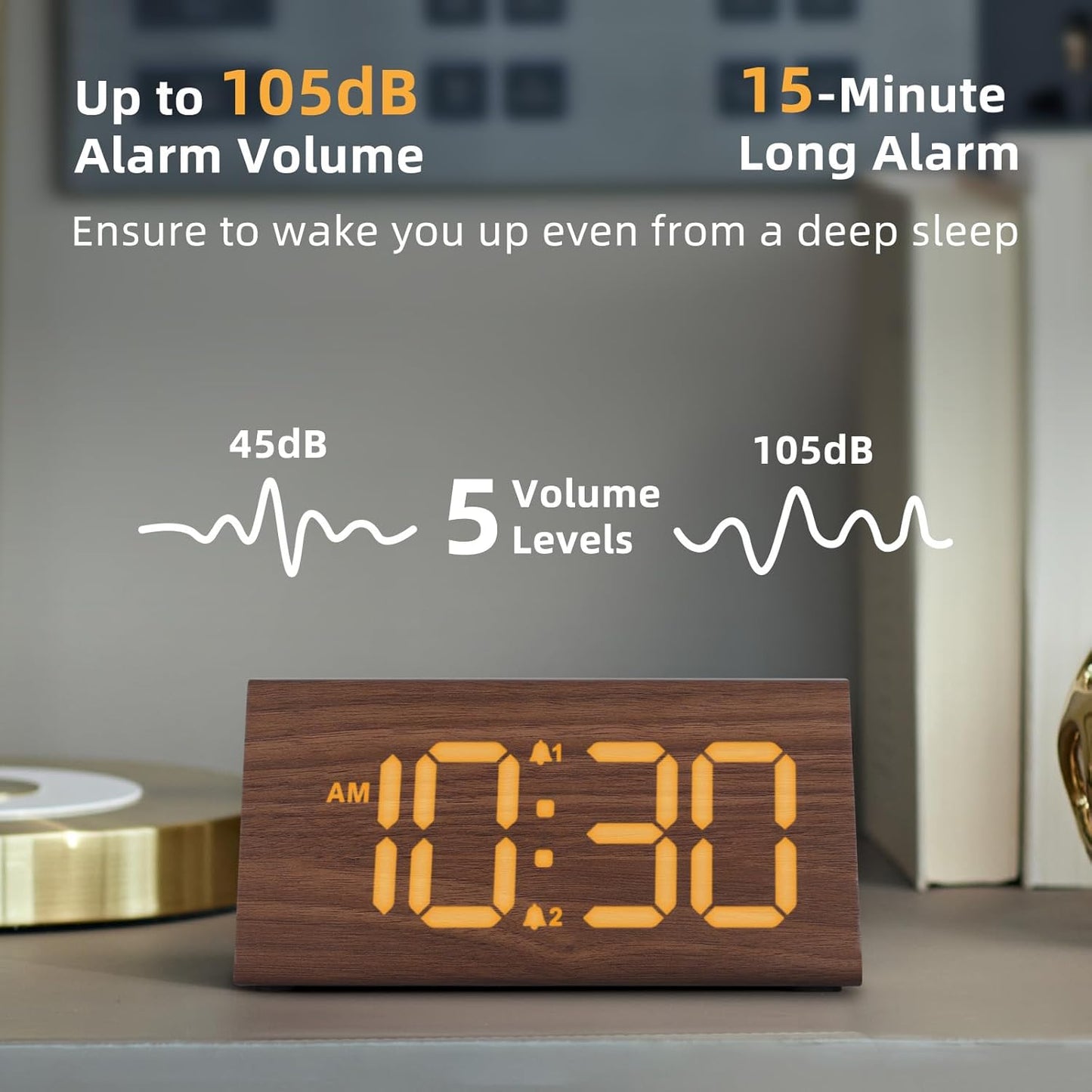 Odokee Wooden Digital Alarm Clock for Bedroom: Electric Desk Clock with Large LED Display - Brown