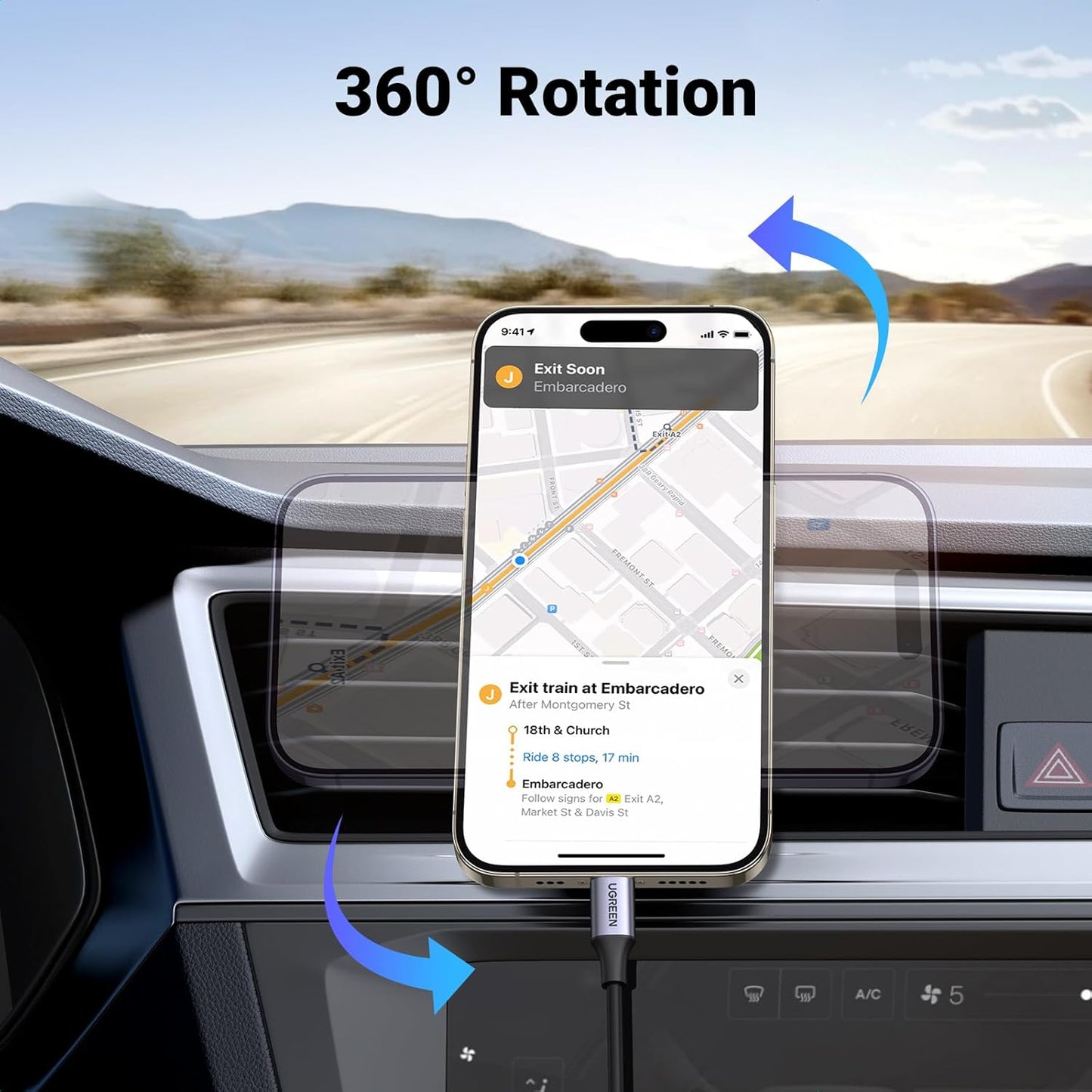 UGREEN Fits MagSafe Car Mount Upgrade Strong Enlarged Magnets for iPhone 14 13 12 Pro Max Series Magsafe Case, Super Stable Magnetic Phone Holder Car Vent Mount for All Phones with 2 Metal Rings