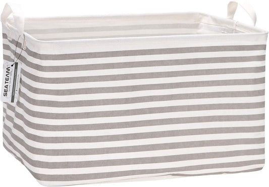 Sea Team 16.5 x 11.8 x 9.8 inches Square Canvas Fabric Storage Bins Shelves Storage Baskets Organizers for Nursery & Kid's Room, Grey Stripe - PuriLite