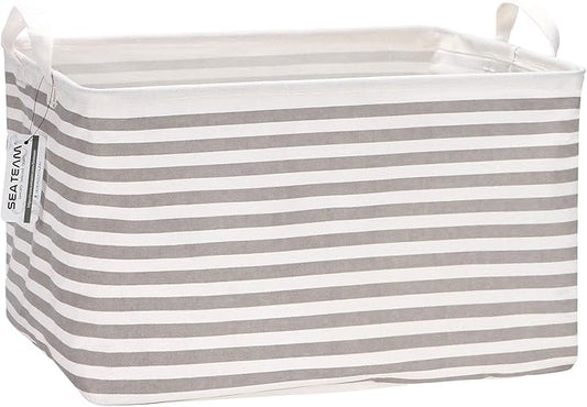 Sea Team 16.5 x 11.8 x 9.8 inches Square Canvas Fabric Storage Bins Shelves Storage Baskets Organizers for Nursery & Kid's Room, Grey Stripe