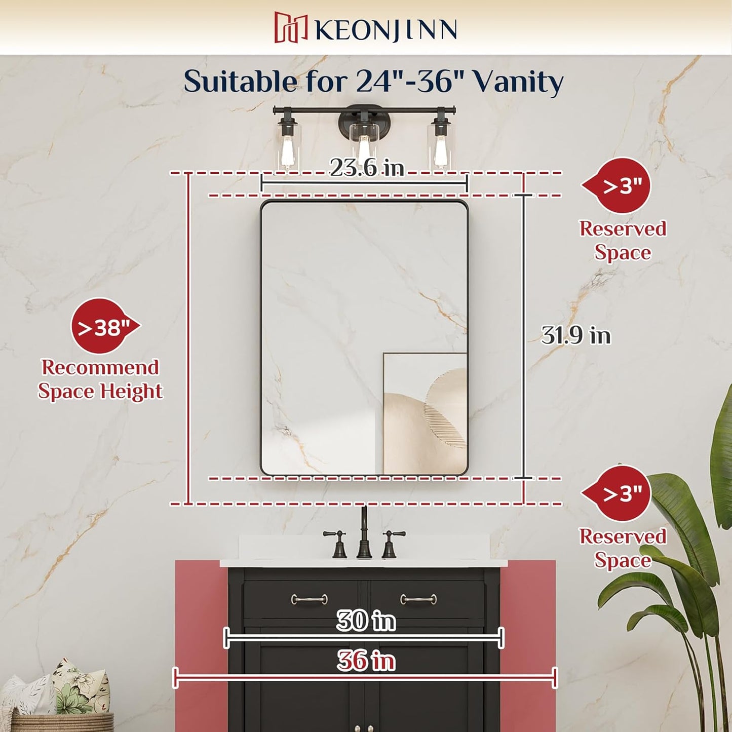 Keonjinn 42 x 36 Brushed Nickel Bathroom Vanity Mirror, Large Rounded Rectangle Bathroom Mirrors for over Sink, Metal Framed Silver Mirror for Wall, Shatterproof HD Tempered Glass(Horizontal/Vertical)