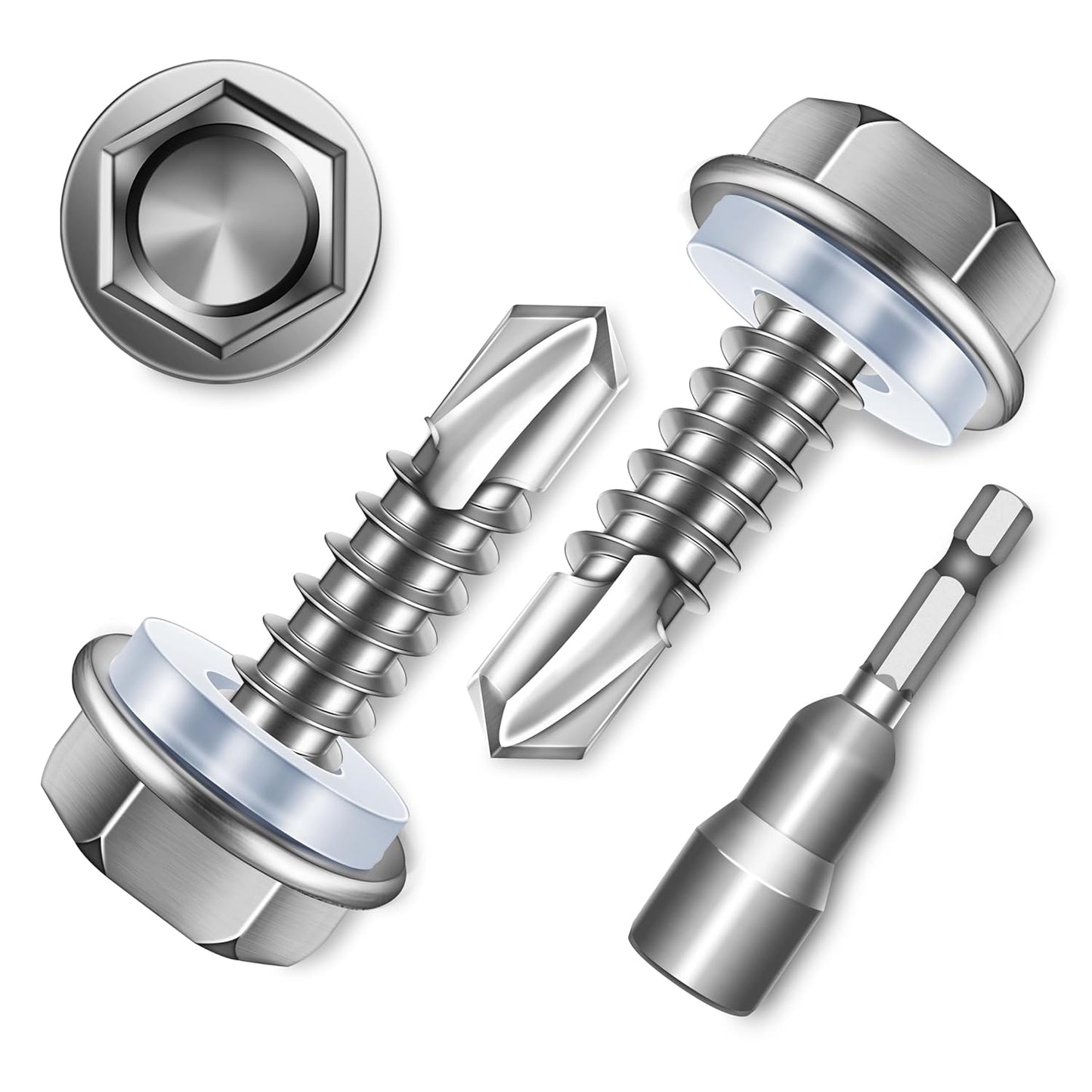 EASTPUK 100Pcs #8 x 1/2" Sheet Metal Screws, 410 Stainless Steel Self Drilling Hex Washer Head Self Tapping Screws for Metal with Drill Bit