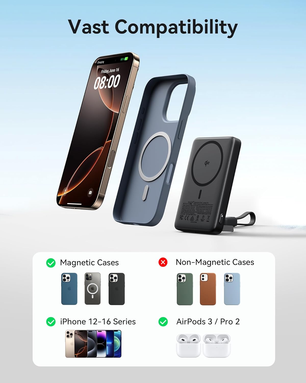 INIU Magnetic Portable Charger, Slim Qi2 Certified 10000mAh 30W Fast Charging Power Bank, Wireless Battery Pack with Foldable Stand, Travel Phone Charger Only for iPhone 16/15/14/13/12 Series, White
