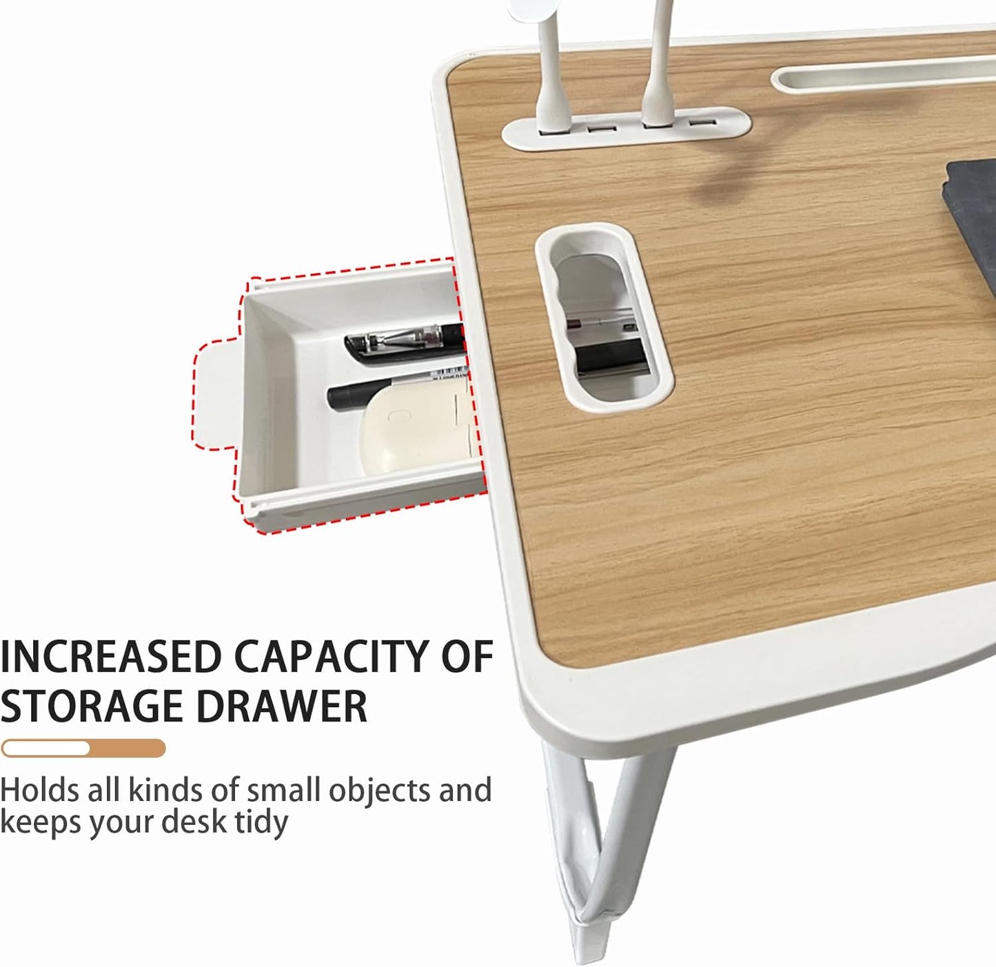 Foldable Laptop Desk for Bed with USB Charging Ports, Storage Drawer and Cup Holder – Portable Bed Table Tray for Working, Writing, Reading, and Studying, Yellow - PuriLite