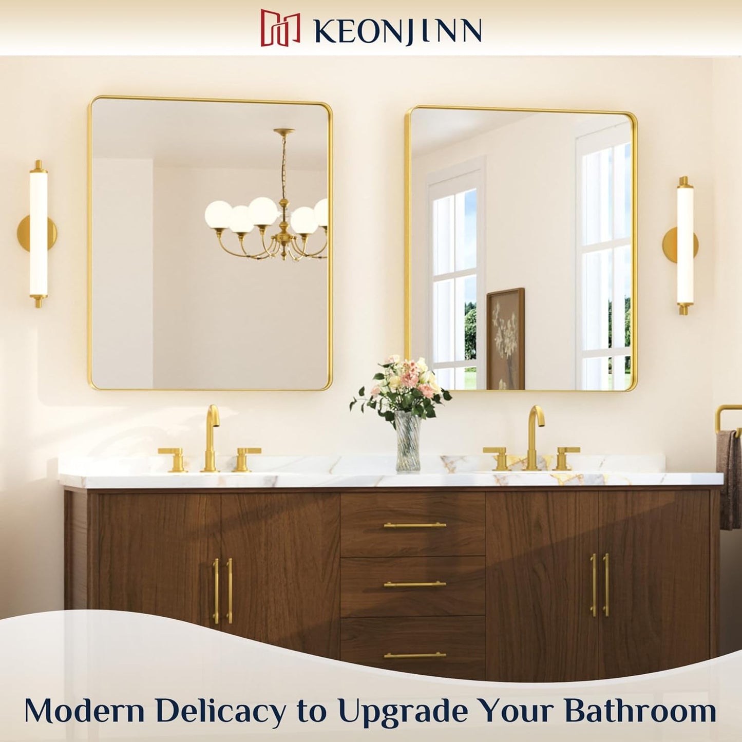 Keonjinn 42 x 36 Brushed Nickel Bathroom Vanity Mirror, Large Rounded Rectangle Bathroom Mirrors for over Sink, Metal Framed Silver Mirror for Wall, Shatterproof HD Tempered Glass(Horizontal/Vertical)