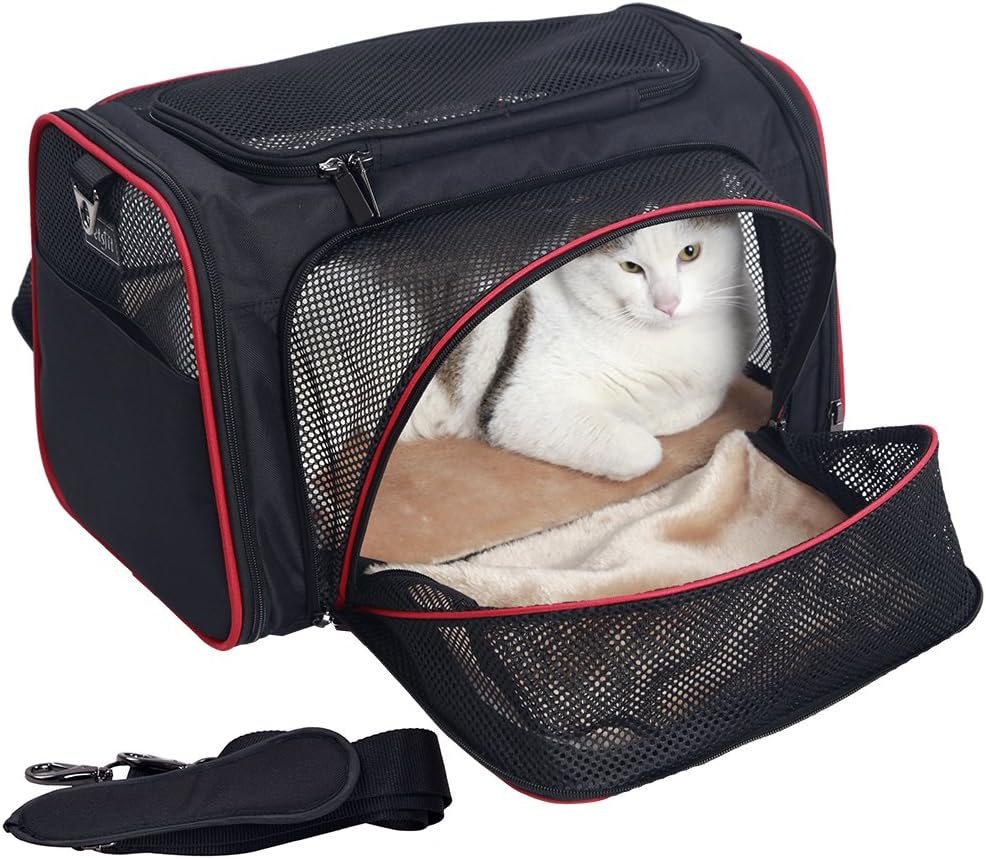 Petsfit Expandable Cat Dog Carrier Airline Approved, 17" L x 11" W x 11" H Soft-Sided Portable Pet Travel Carrier for Kitten, Puppy, Removable Soft Plush Mat and Pockets, Auto-Locking Zippers