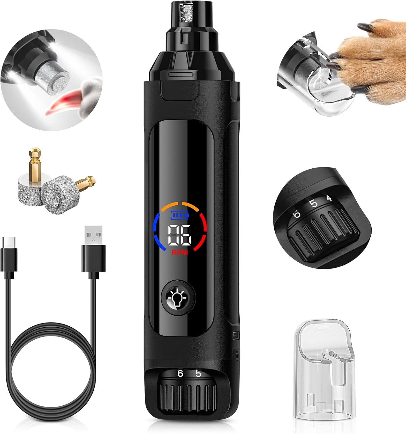Dog Nail Grinder 6-Speed Adjustable with Dual LED Bloodline Lights – 38dB Ultra-Quiet Pet Nail Trimmer, Color Display for Safe Grooming of Small to Large Dogs (Black)