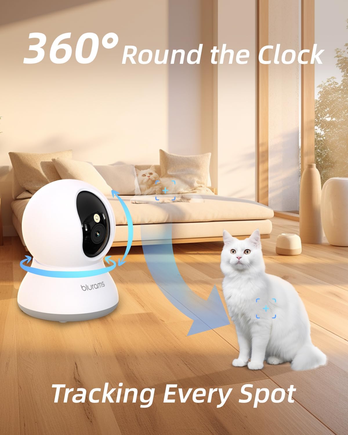 blurams Security Camera, 2K Indoor Camera 360-degree Pet Camera for Home Security w/ Motion Tracking, Phone App, 2-Way Audio, IR Night Vision, Siren, Works with Alexa & Google Assistant,White