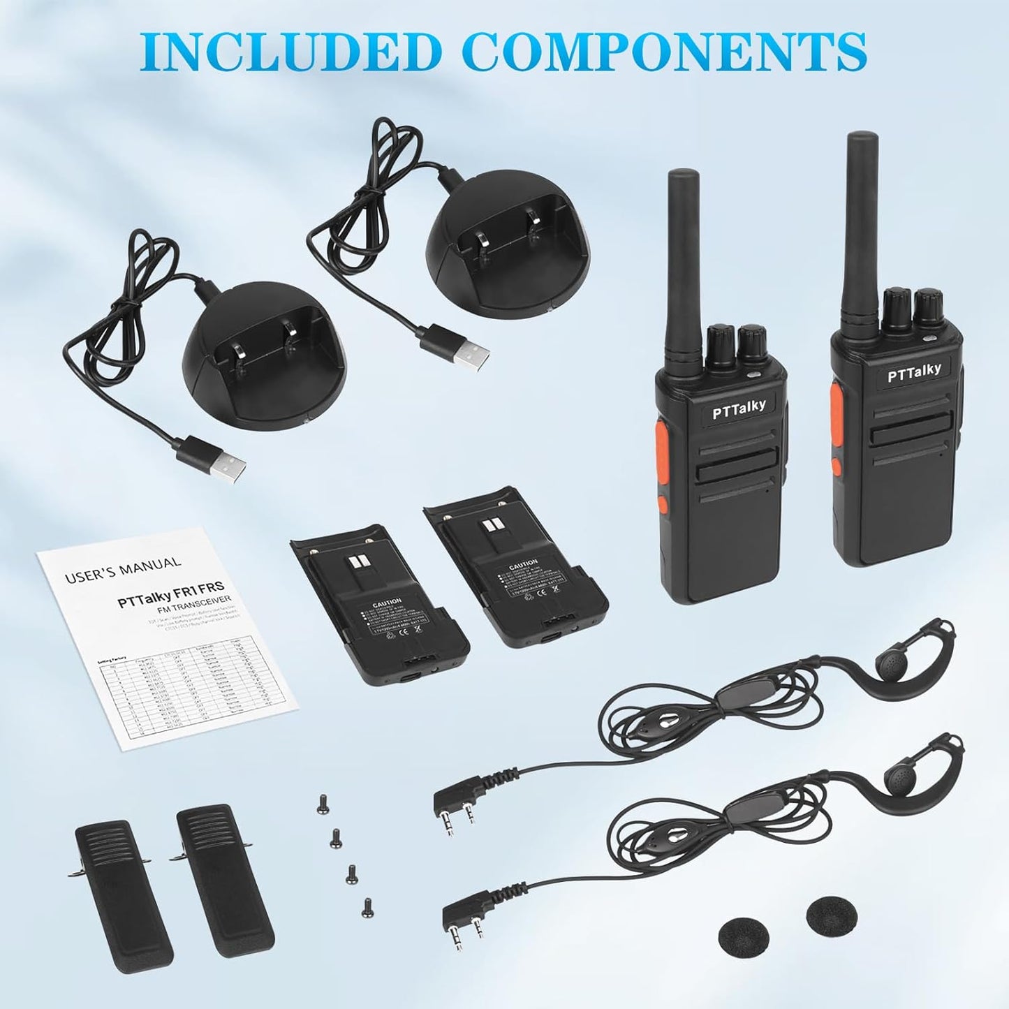 PTTalky FR1 Walkie Talkies for Adults Long Range, Rechargeable 2-Way Radio Walkie Talkie with Charge Cable Charger Dock for Hunting Commercial Cruises (2 Pack)
