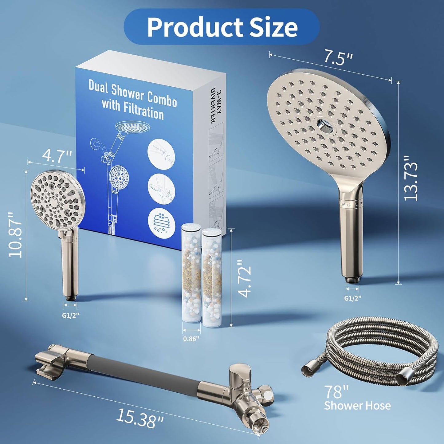JONKEAN 7.5" Big Filtered Double Shower Head for Hard Water, Dual Shower Heads with Handheld Spray Combo, 9 Modes Waterfall Rain Shower Head High Pressure with Long Hose & Adjustable Bar(Matte Black)