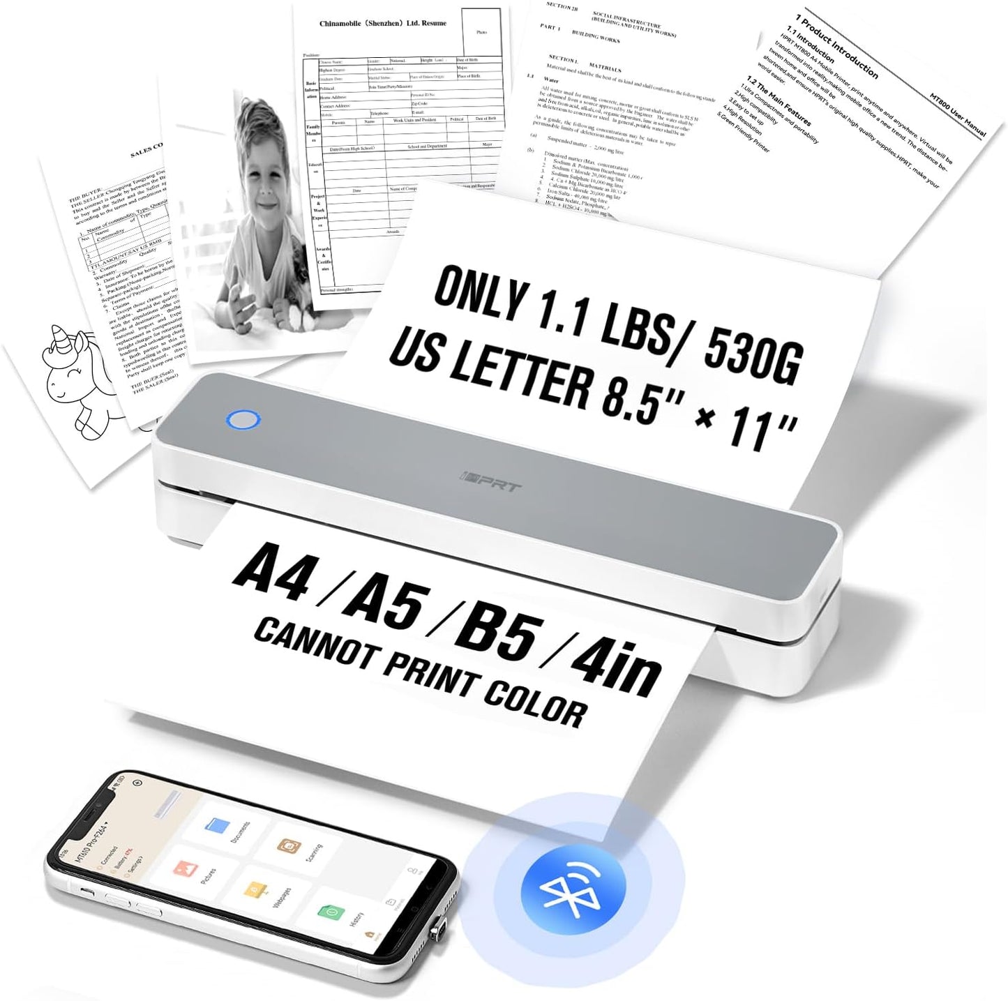 iDPRT Portable-Printer Wireless for Travel, 203DPI Inkless-Small-Thermal-Printer for Home Use, Office, Vehicles, Mobile Bluetooth Printer Supports 8.5" x 11" US Letter&A4&A5, for Smartphone & PC