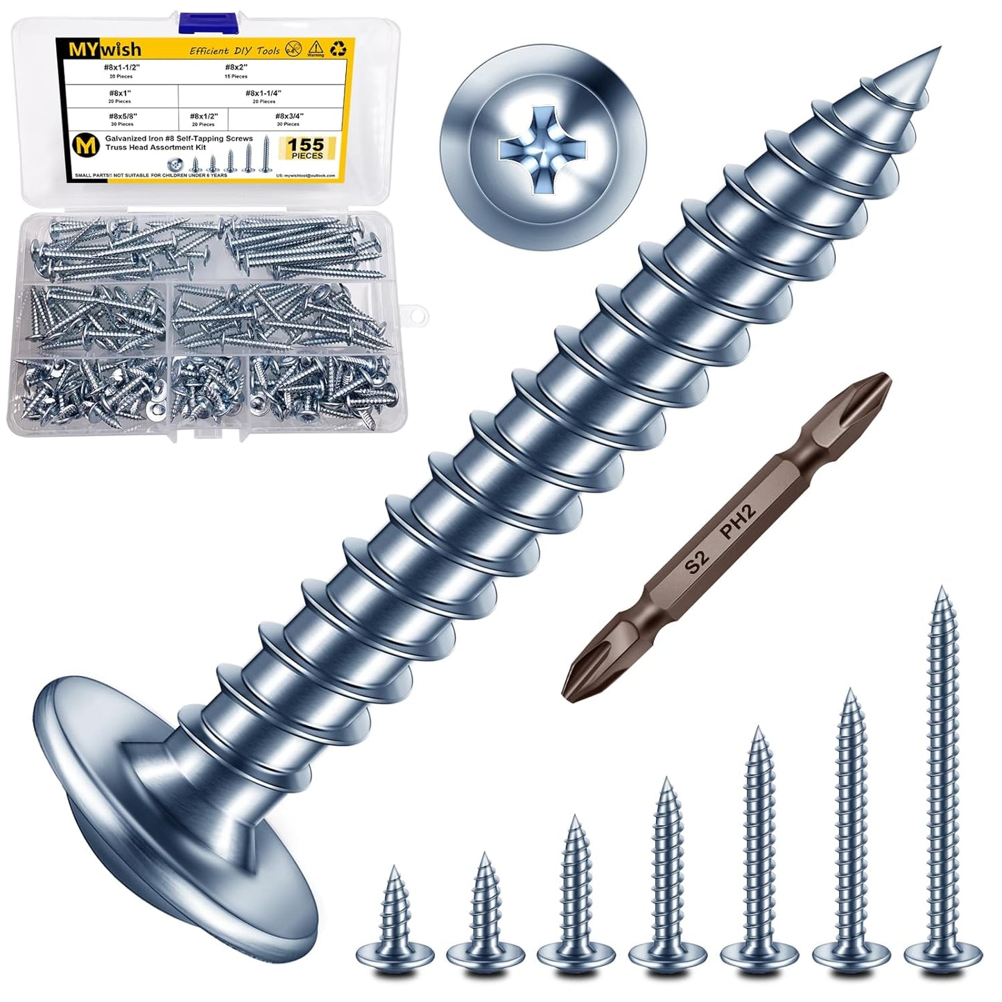 150Pcs #8 × 2" Black Screws for Wood, Phillips Truss Head Wood Screws, Quick Metal Self Tapping, Zinc Plated Steel, Truss Head Screws by Mywish