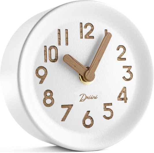 Driini Wooden Analog Desktop Clock – 4.3 in. Decorative Pinewood Clock, No-Tick Design – Easy to Read Silent Sweep Mantle Clock – Quiet Tabletop Clocks with Wood Body, Hands, & Battery Cover; White