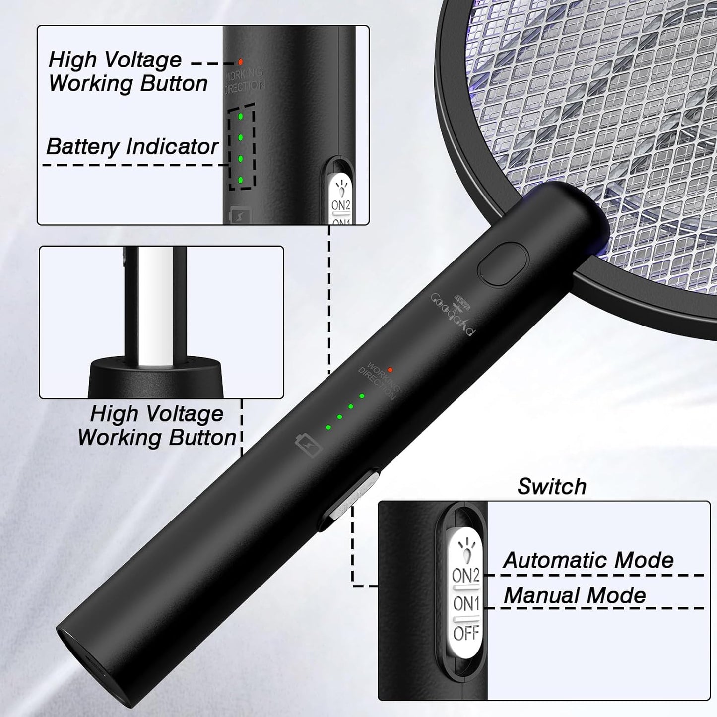 Gooqand Bug Zapper Racket, 2 in 1 Electric Fly Swatte with 3 Layer Safety Mesh, 4000V Fly Zapper with USB Rechargeable, Indoor Outdoor Fly Racket for Bedroom, Kitchen, Camping