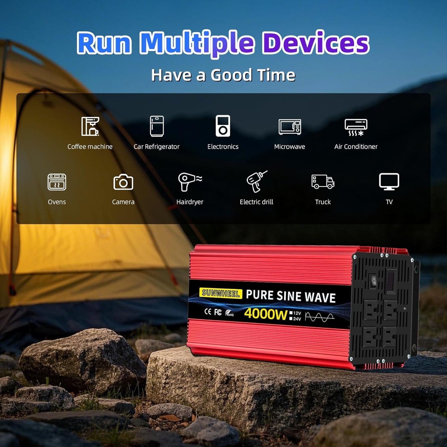 SUNWHEEL 4000W Pure Sine Wave Inverter, 12V DC to 110V/120V AC Power Inverter for RV、Microwave、Off Grid、Truck、Refrigerator、Air Conditioner with 4 AC outlets and LCD Display