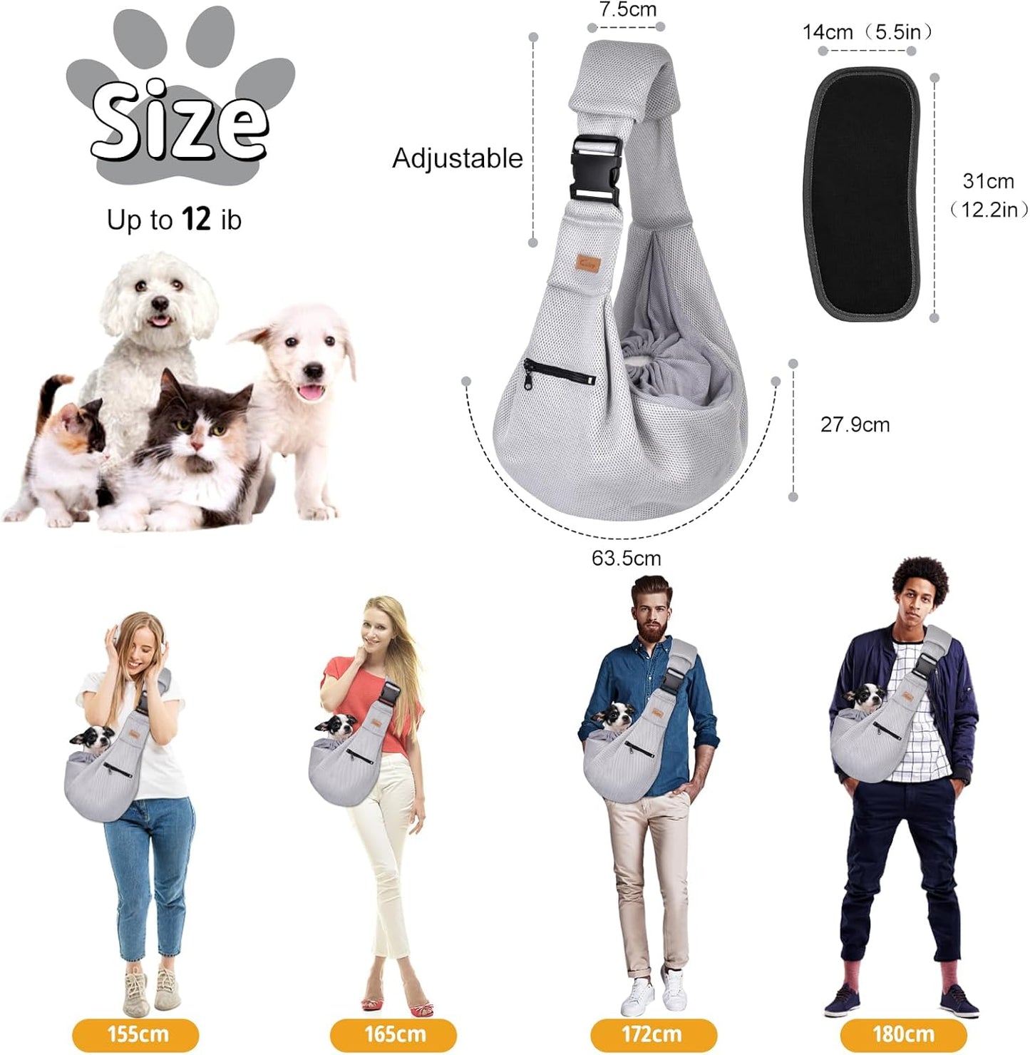Cuby Adjustable Dog Cat Sling Padded Hard Bottom Pet Carrier Sling Soft Carrying Puppy Bag for Small Dogs Cats Outdoor Travel (Grayish-White)