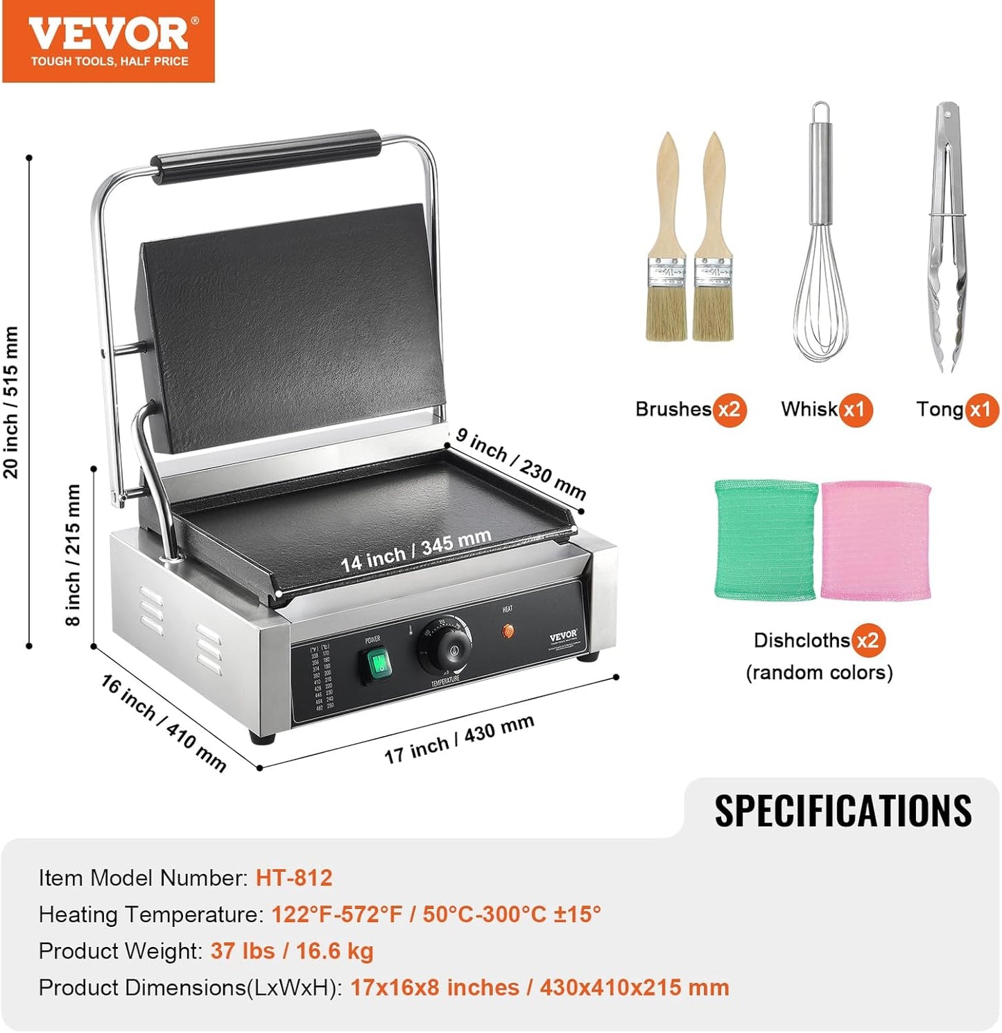 VEVOR 7 IN 1 Electric Contact Grill,1800W Indoor Panini Press Griddle,Stainless Steel Teppanyaki Grill with Nonstick&Removable Iron Plate, 0-446℉ Adjustable Temp Control,LCD Display,110V