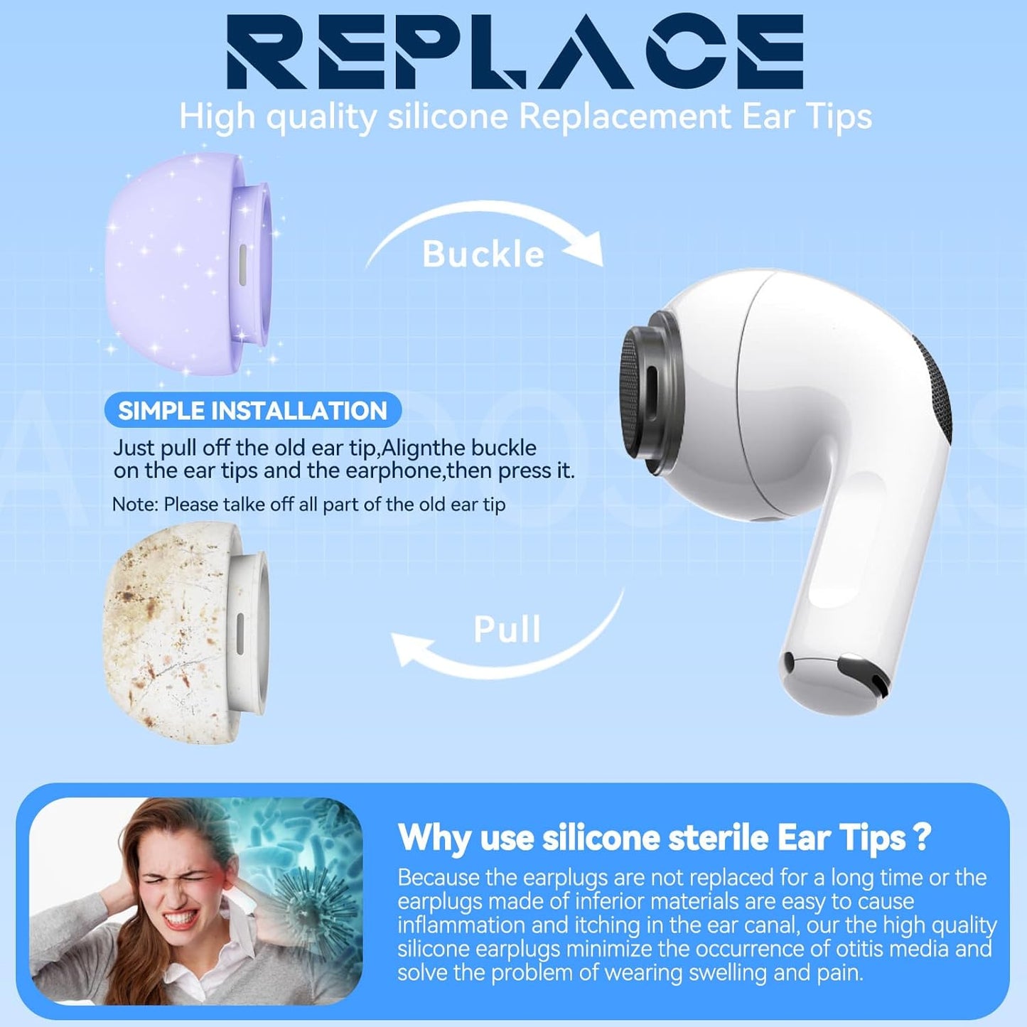 4 Pairs Replacement Ear Tips for AirPods Pro 2nd/1st Generation with Portable Storage Box & Cleaner Pen,Noise Reduction Holewith & Built-in dust Guard Screen,Silicone Ear Tips for AirPods Pro (White)