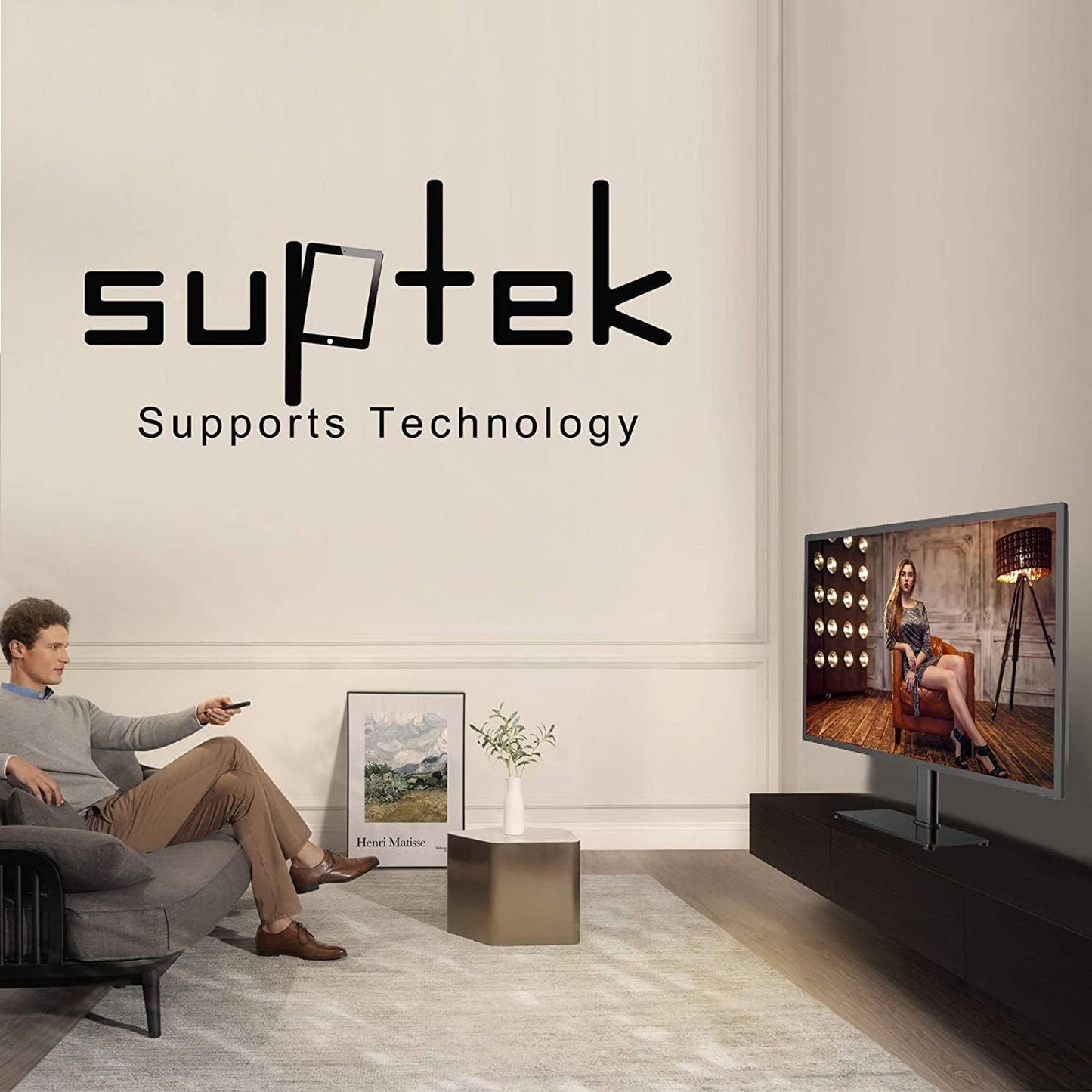 Suptek Universal TV Stands, Table Top TV Stand, Pedestal TV Stand for Most 17"-55" Screens, Height Adjustable TV Base Stand with Tempered Glass Base and Wire Management, Hold up to 40kg, VESA 75/400mm