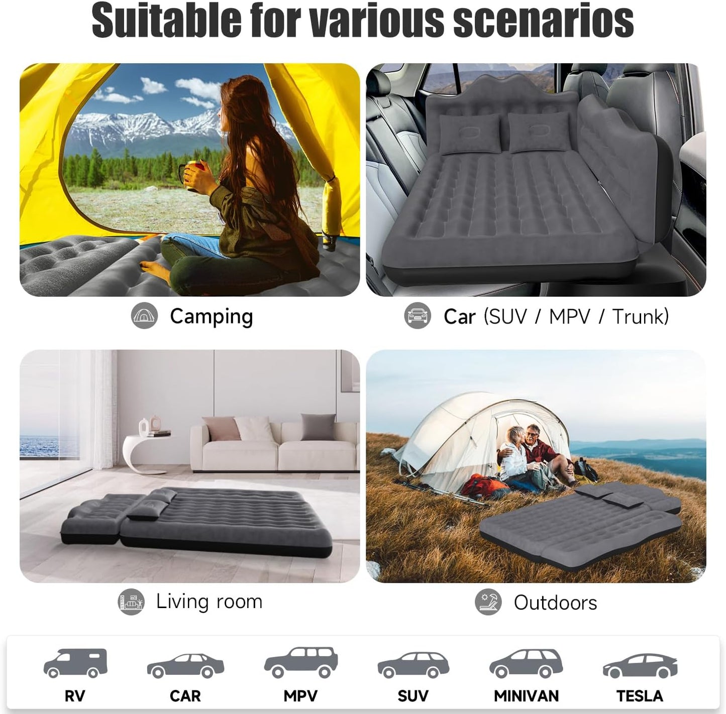 Car Air Mattress, Inflatable SUV Truck Air Mattress Back Seat Camping Bed Thickened Car Sleeping Pad for Travel, Car Bed SUV Mattress with Car Air Pump 2 Pillows
