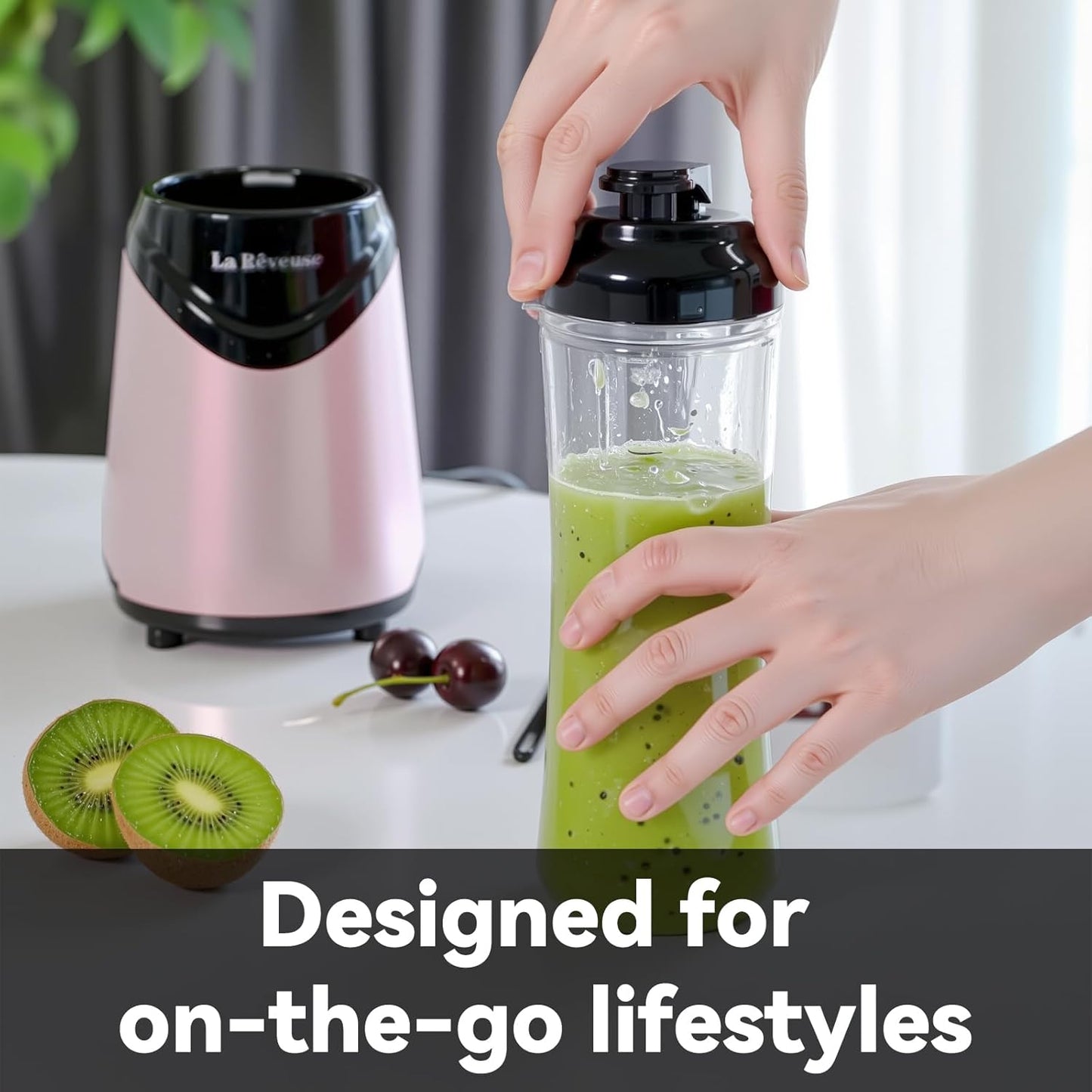 La Reveuse Smoothies Blender Personal Size 300 Watts with 2 Pieces 18 oz BPA Free Portable Travel Sports Bottles (Silver 2 Cups)