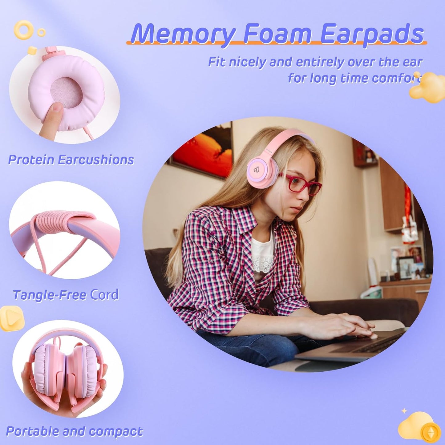 INFURTURE Kids Headphones for School Travel, 94dB Safe Volume Limited, HD Mic Stereo Sound Over-Ear Girls Boys Headphones for Kid, Foldable 3.5mm and USB-C Wired Headphones for iPad Computer