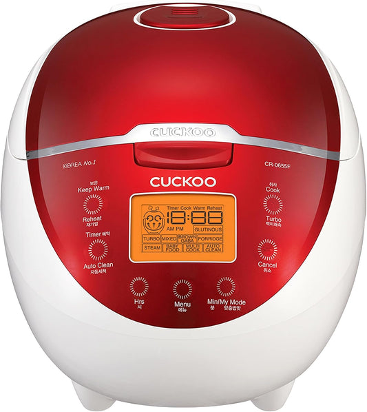 CUCKOO Rice Cooker 6 Cup Uncooked / 12 Cup Cooked, Classic Fuzzy Logic Rice Cooker Small with Delay Timer & Keep Warm Setting, Versatile Food Steamer for Cooking, Non-Stick Inner Pot, Red (CR-0655F)