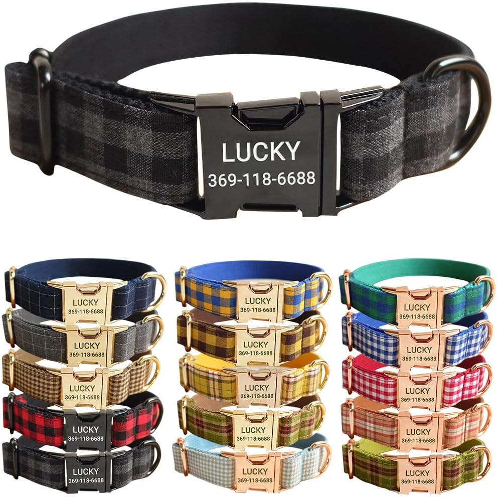 PETDURO Personalized Buffalo Plaid Dog Collar Red Black - Engraved Name and Phone Number on Black Metal Buckle - Custom for Small Medium Large Boy Girl Dogs - Add Leash Bow Tie via Customize Now