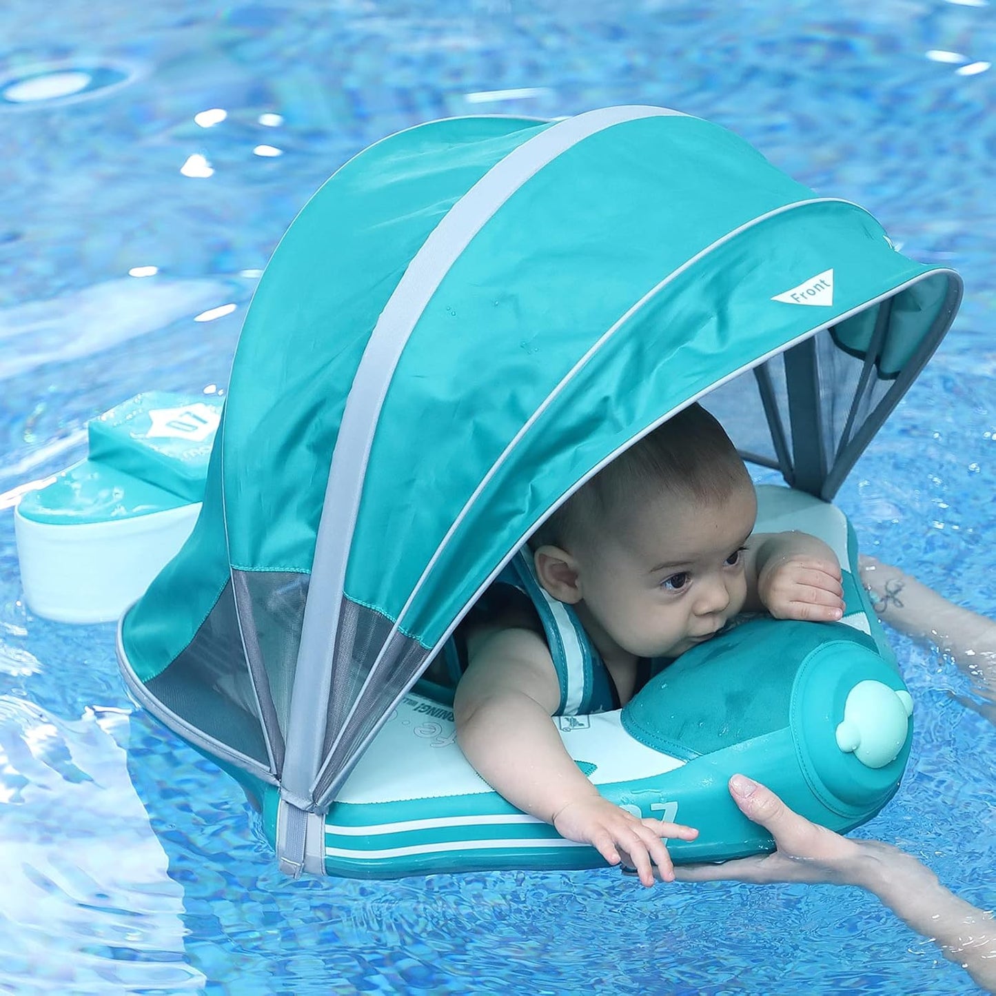 Mambobaby Baby Swim Float with Canopy, Non-Inflatable Solid Baby Float, Upgrade Soft Skin-Friendly Material Infant Swim Float